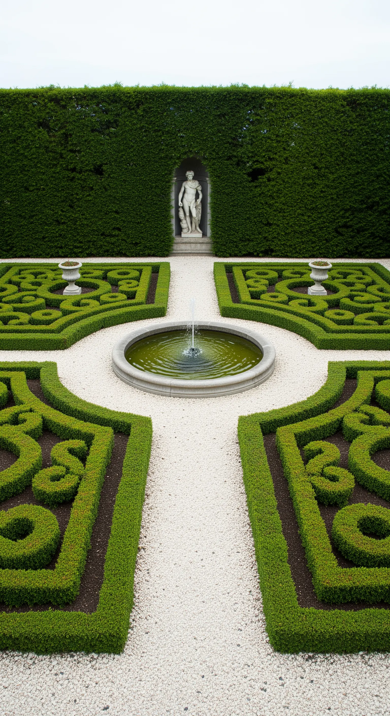 Giardino con parterre di bosso, piccola fontana centrale e una statua in una nicchia.