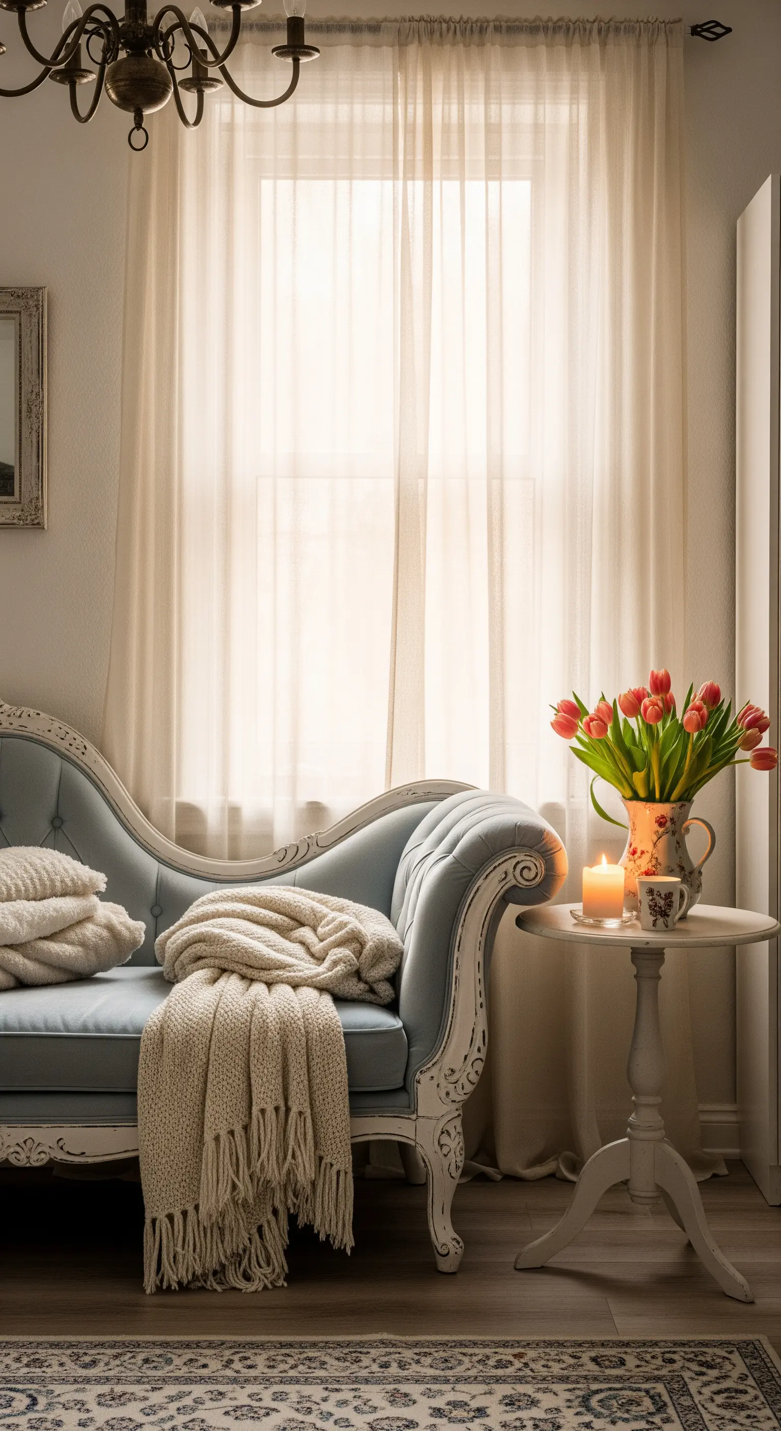Dormeuse azzurra con struttura bianca, coperta in maglia e tavolino con tulipani e candela.