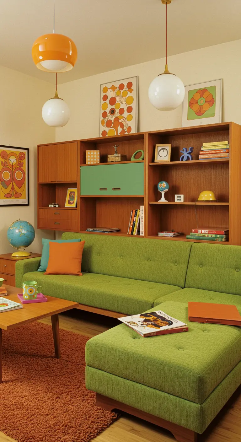 Divano componibile verde in stile anni '70 con chaise longue mobile.