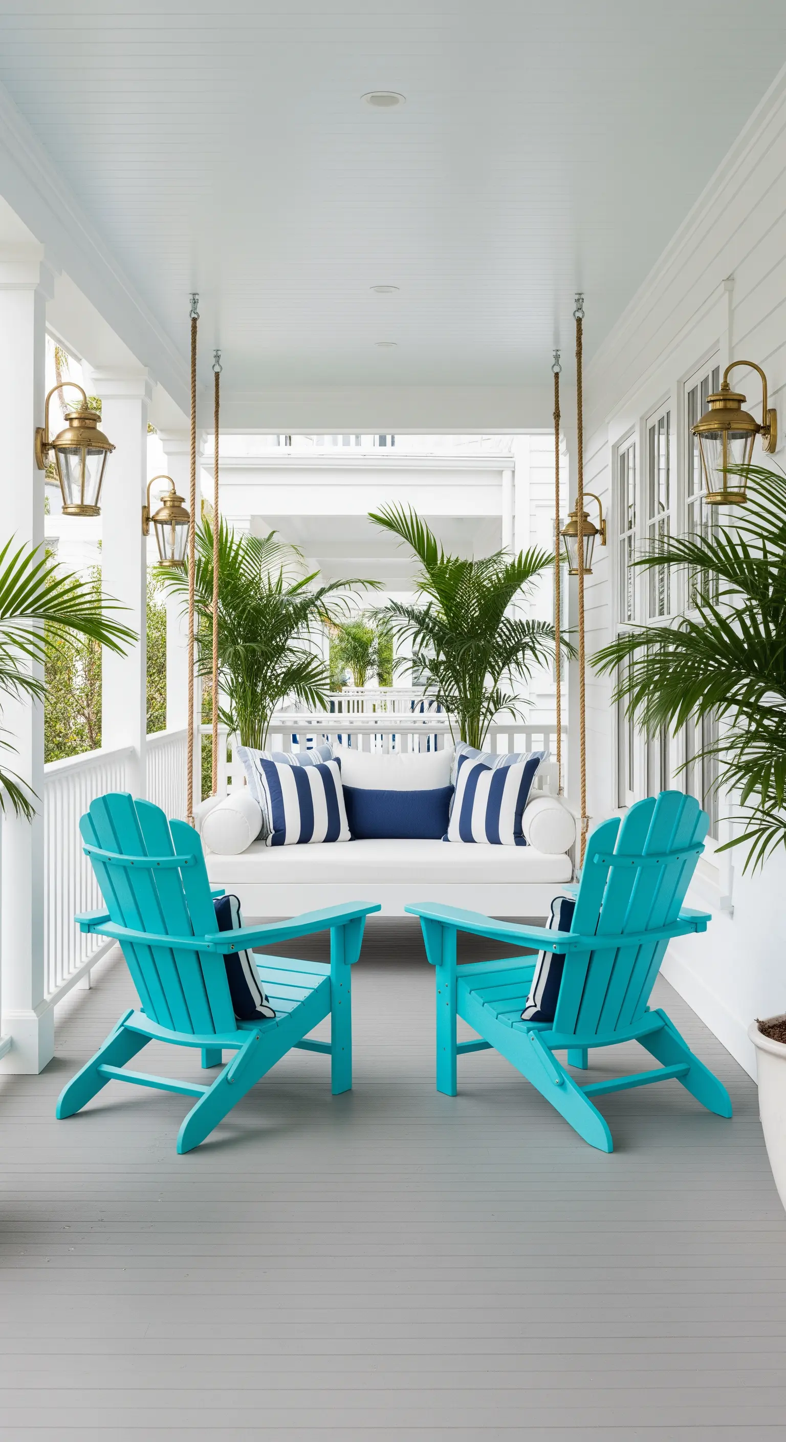 Portico bianco con dondolo sospeso e due sedie Adirondack turchesi.