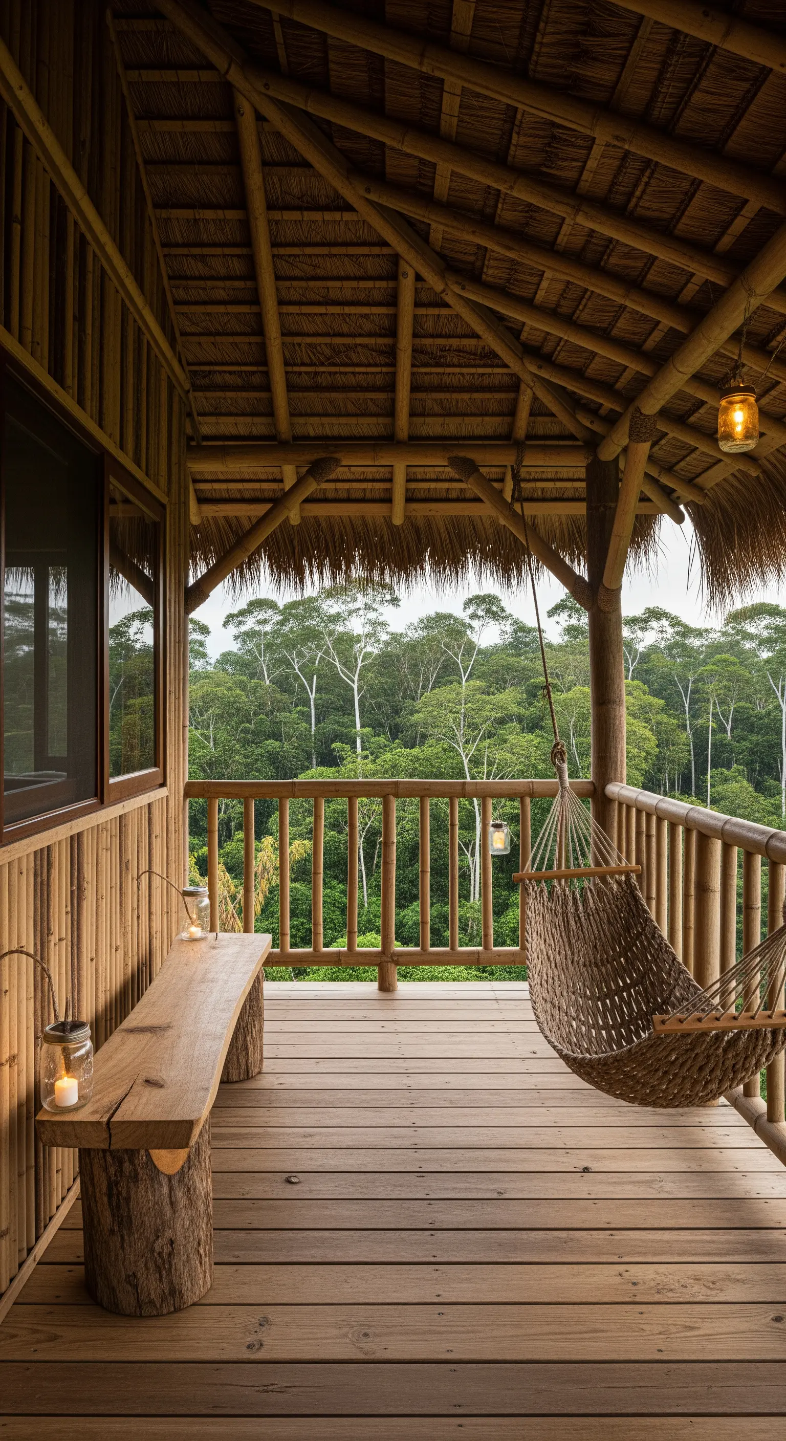 Veranda di una capanna in bambù con una panca in legno e un'amaca in corda.