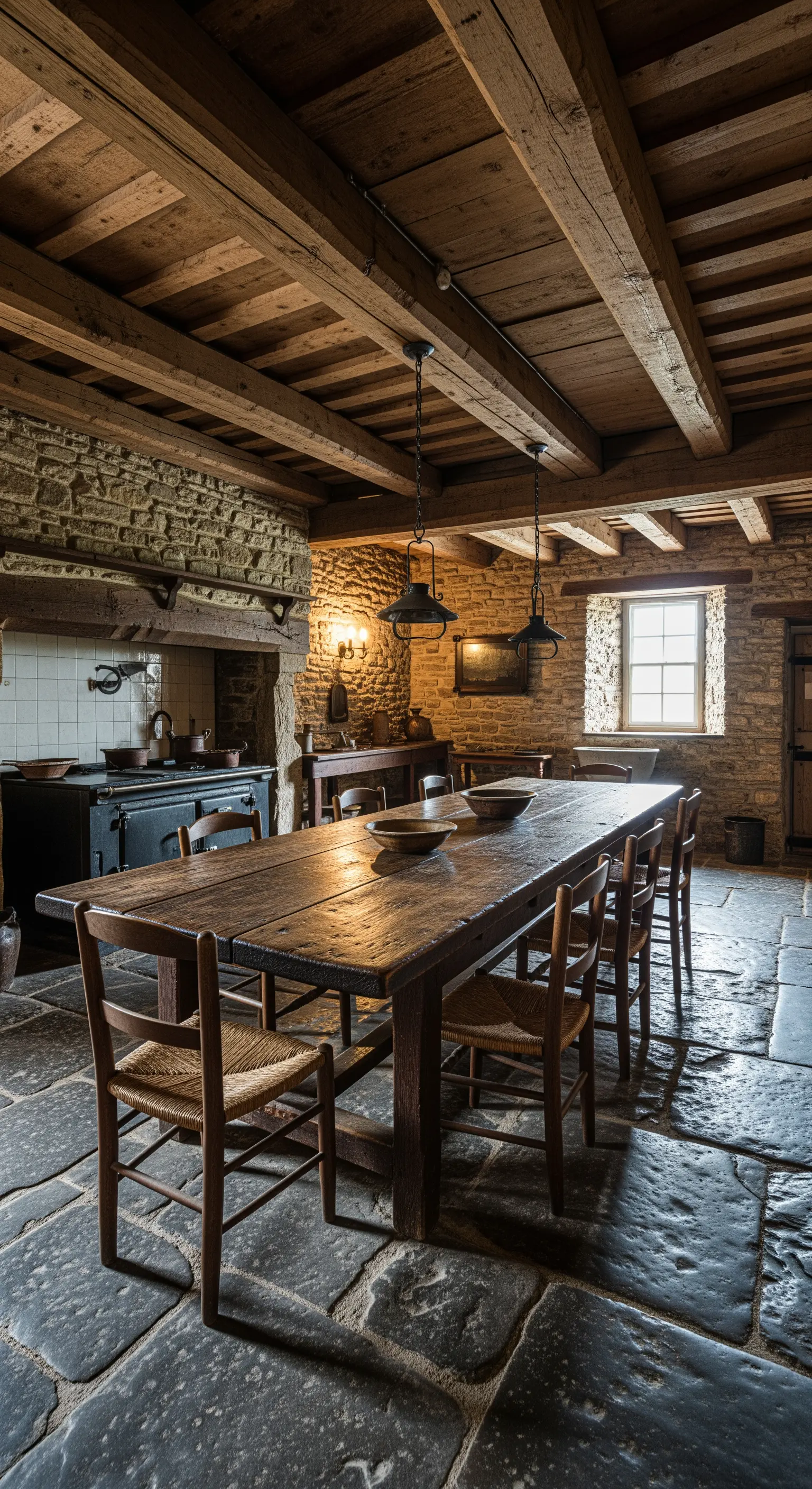 Cucina antica con pareti e pavimento in pietra, travi a vista e tavolo scuro.