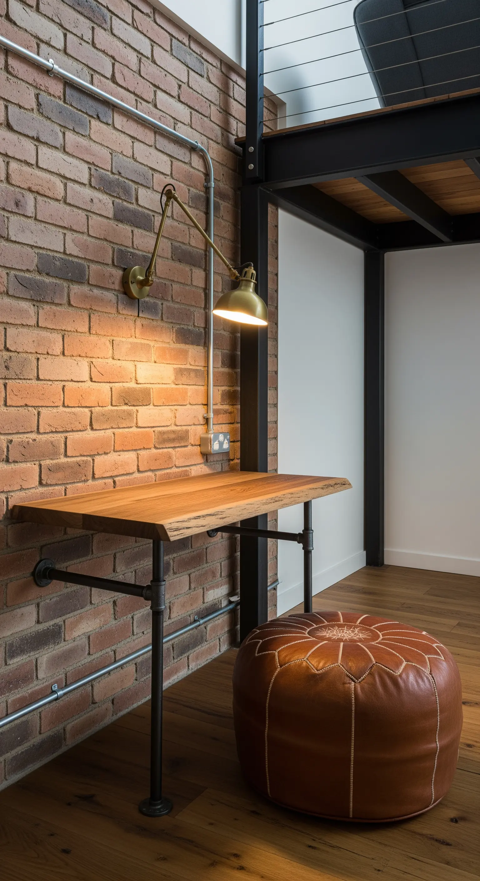Scrivania in stile industriale con piano in legno massello e gambe in tubi metallici.