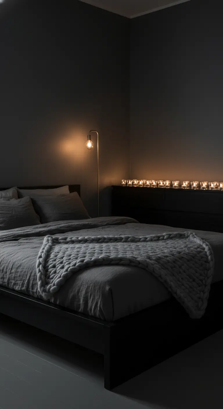 Camera da letto scura con pareti e arredi grigio antracite, illuminata solo da una lampada e candele.