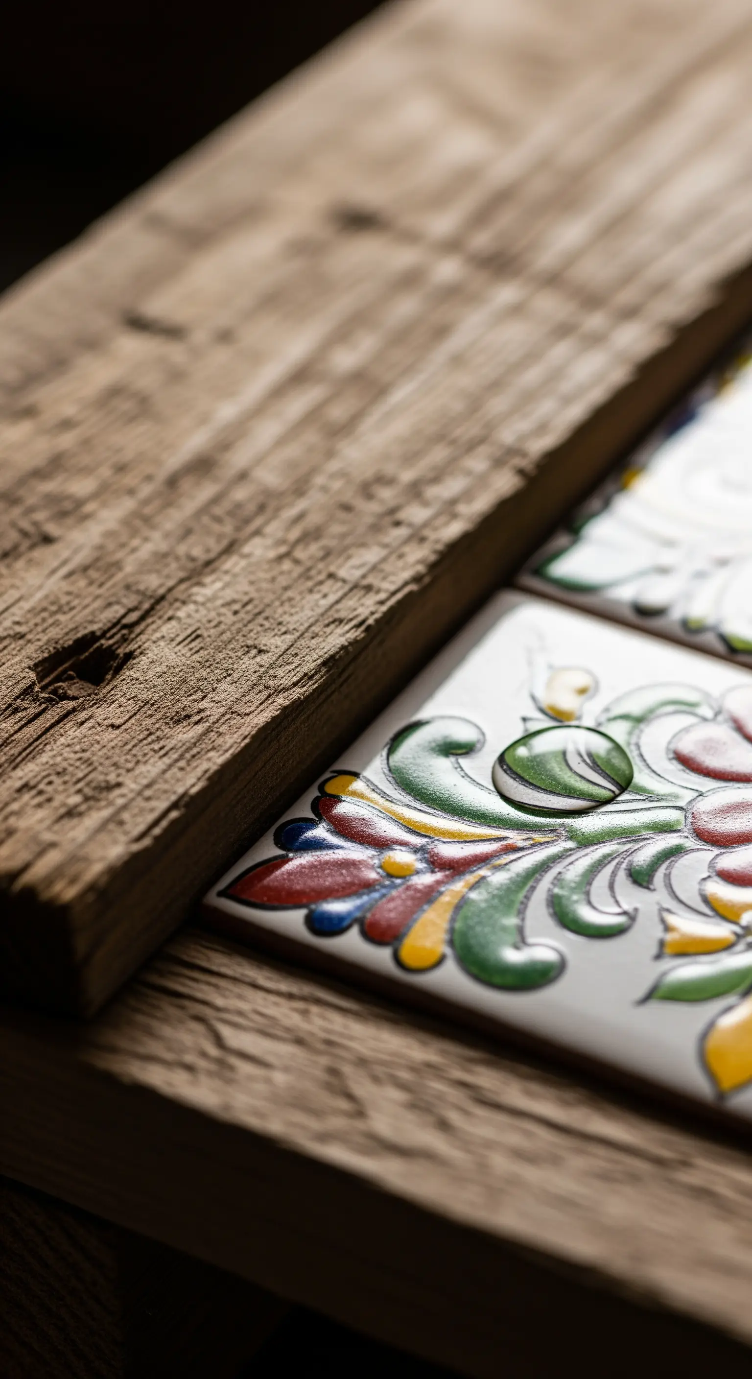Dettaglio di piastrelle in ceramica a rilievo colorate accostate a un'asse di legno rustico.