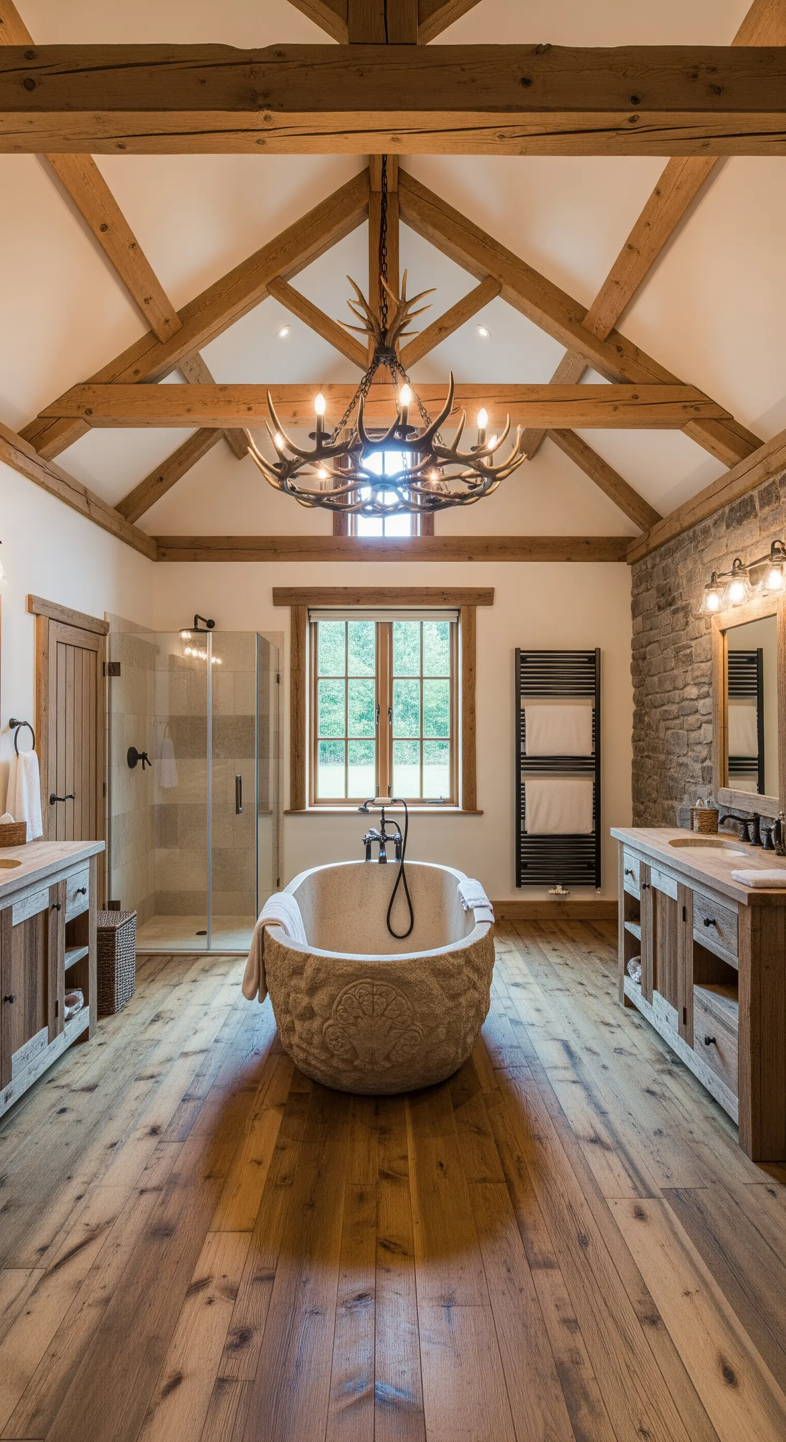 Bagno rustico con travi in legno, vasca in pietra e lampadario fatto di corna di cervo.