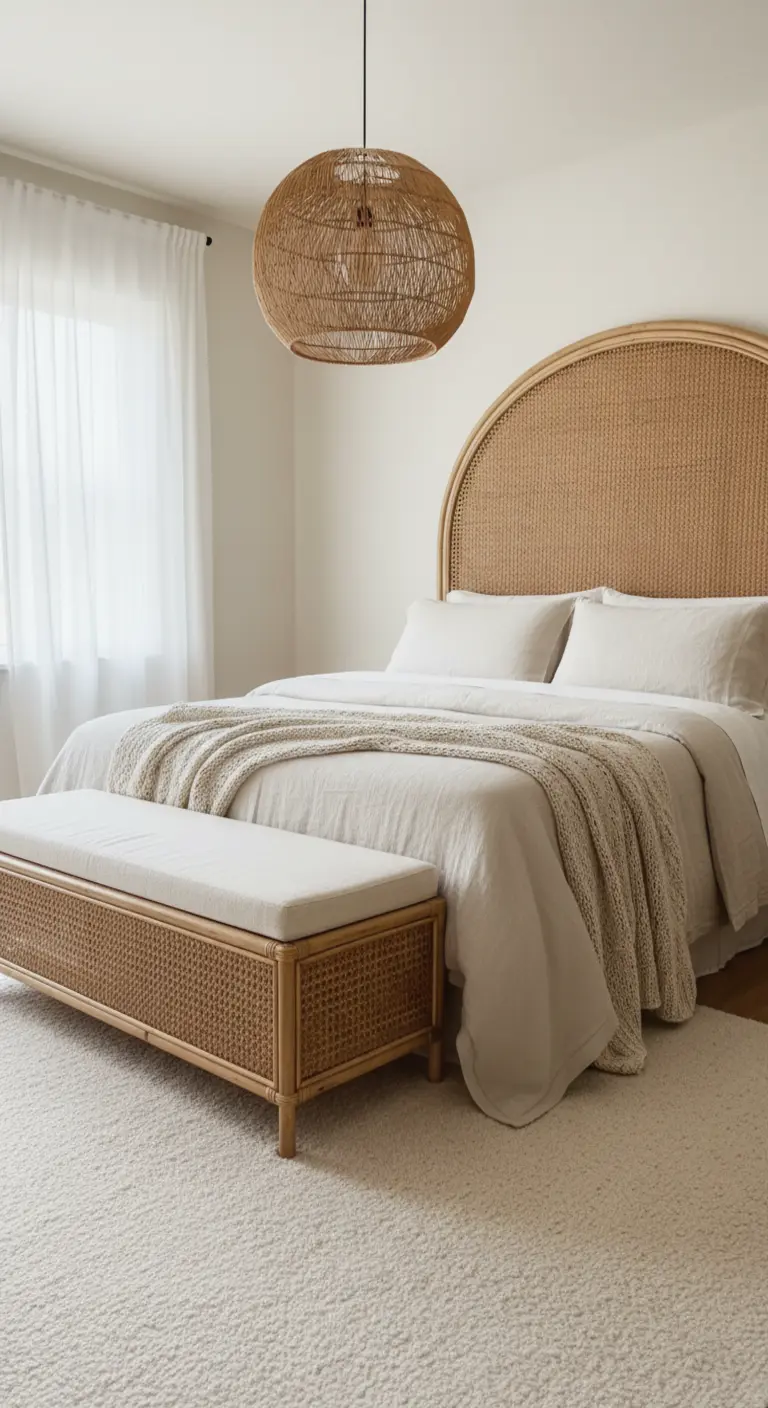 Letto con testiera ad arco in rattan e una panca coordinata ai piedi del letto.