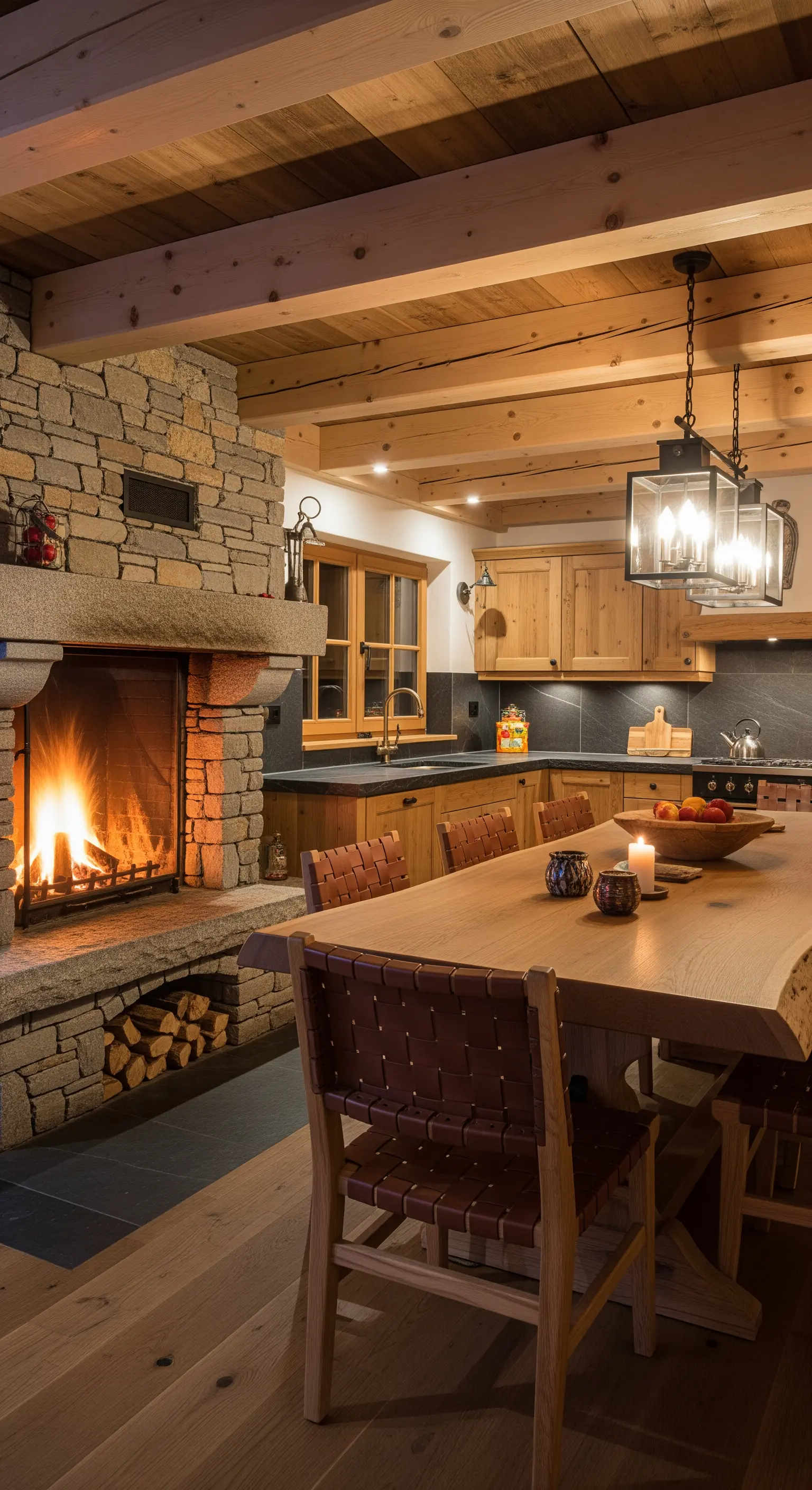 Cucina in stile chalet con grande camino in pietra e tavolo da pranzo in legno.