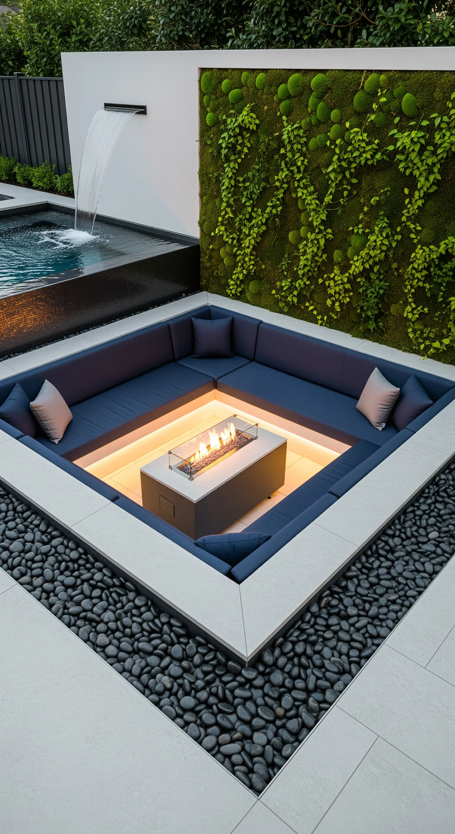 Area lounge ribassata con divani blu, braciere, ciottoli neri e parete di muschio.