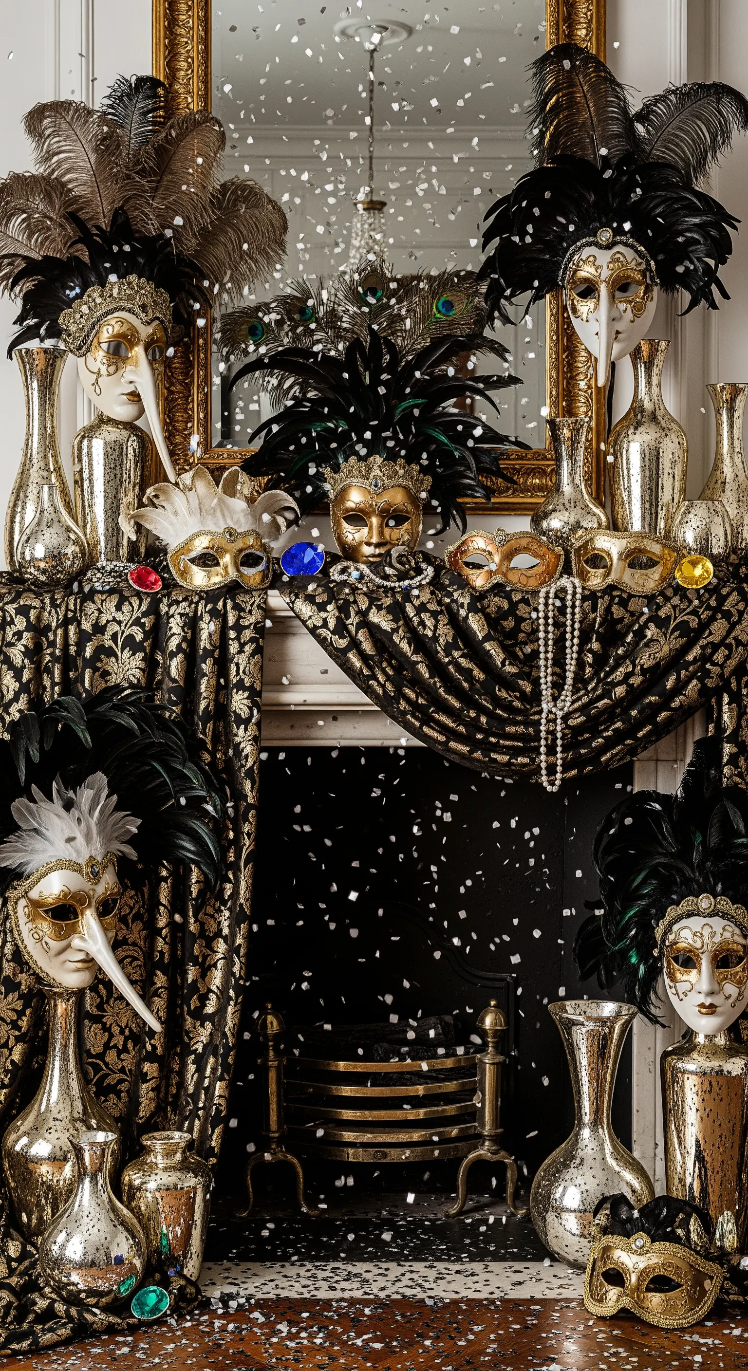 Camino decorato per Carnevale con maschere, piume nere e tessuto broccato.