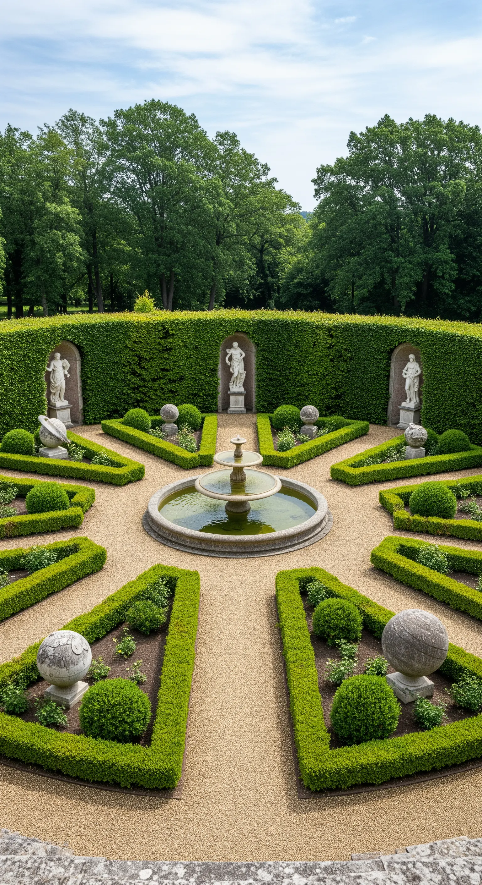 Giardino formale con aiuole disposte a raggiera attorno a una fontana, con statue e sfere di pietra.