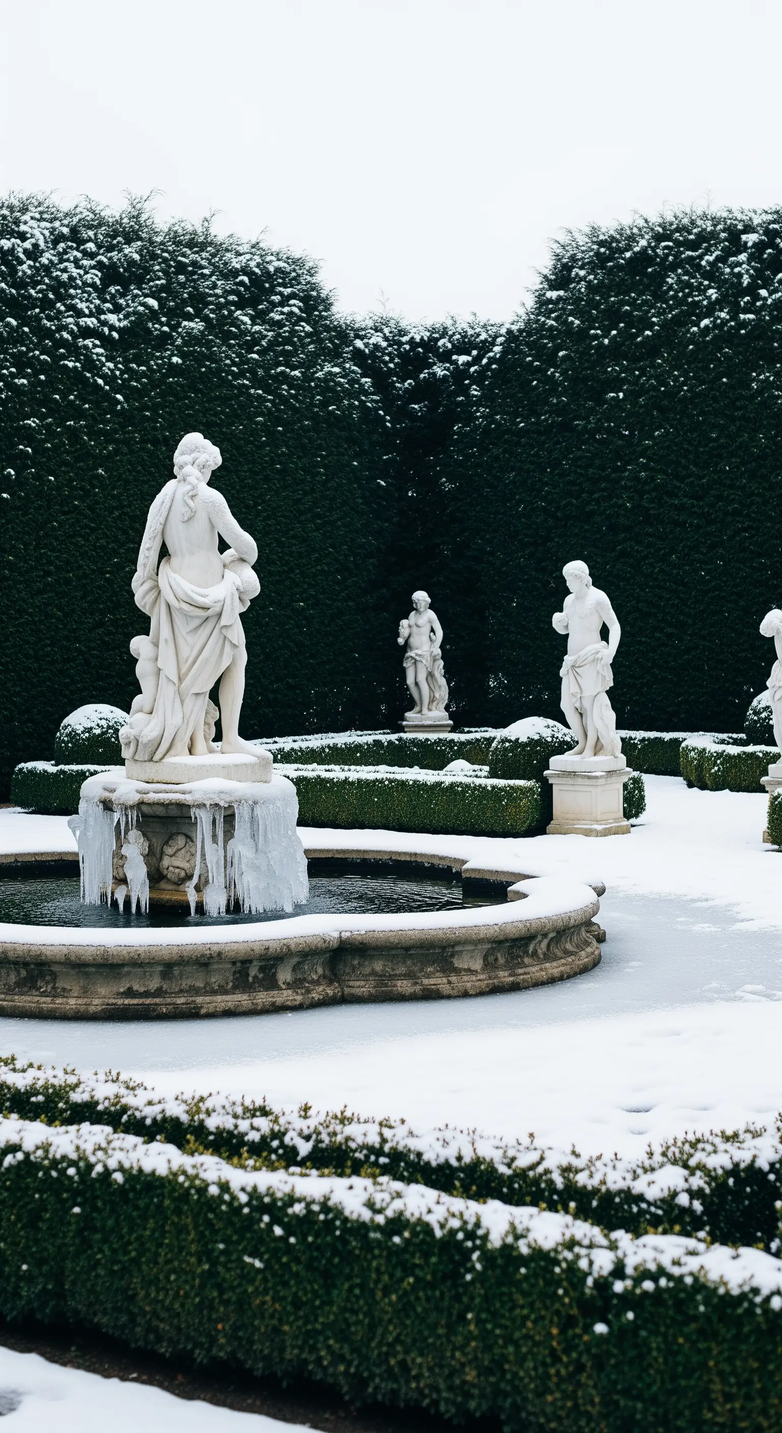Giardino formale innevato con statue e fontana parzialmente ghiacciata tra siepi scure.