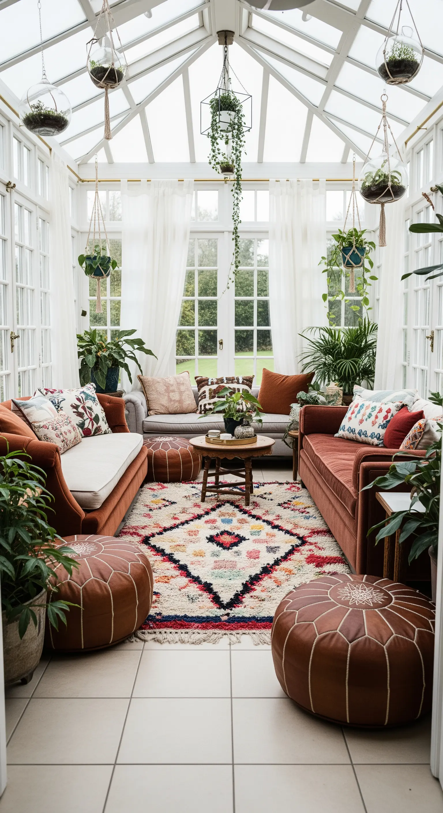 Veranda luminosa con divani color terracotta, pouf in pelle e un grande tappeto marocchino colorato.