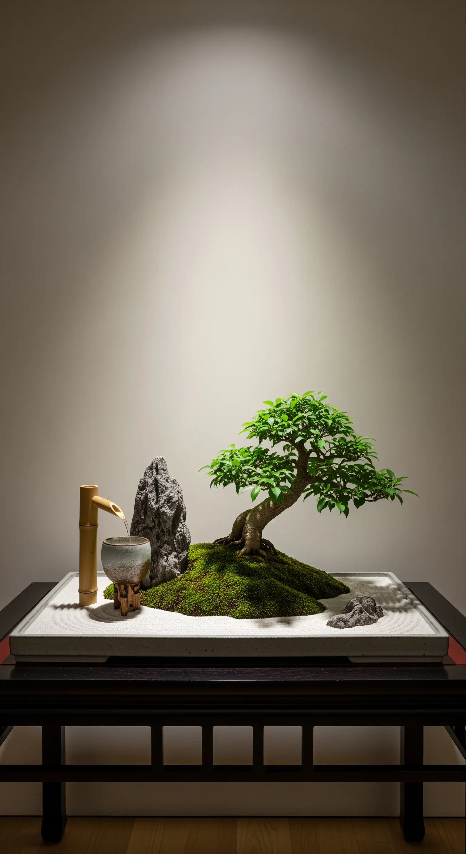 Giardino zen da tavolo in miniatura con bonsai, muschio e piccola fontana in bambù