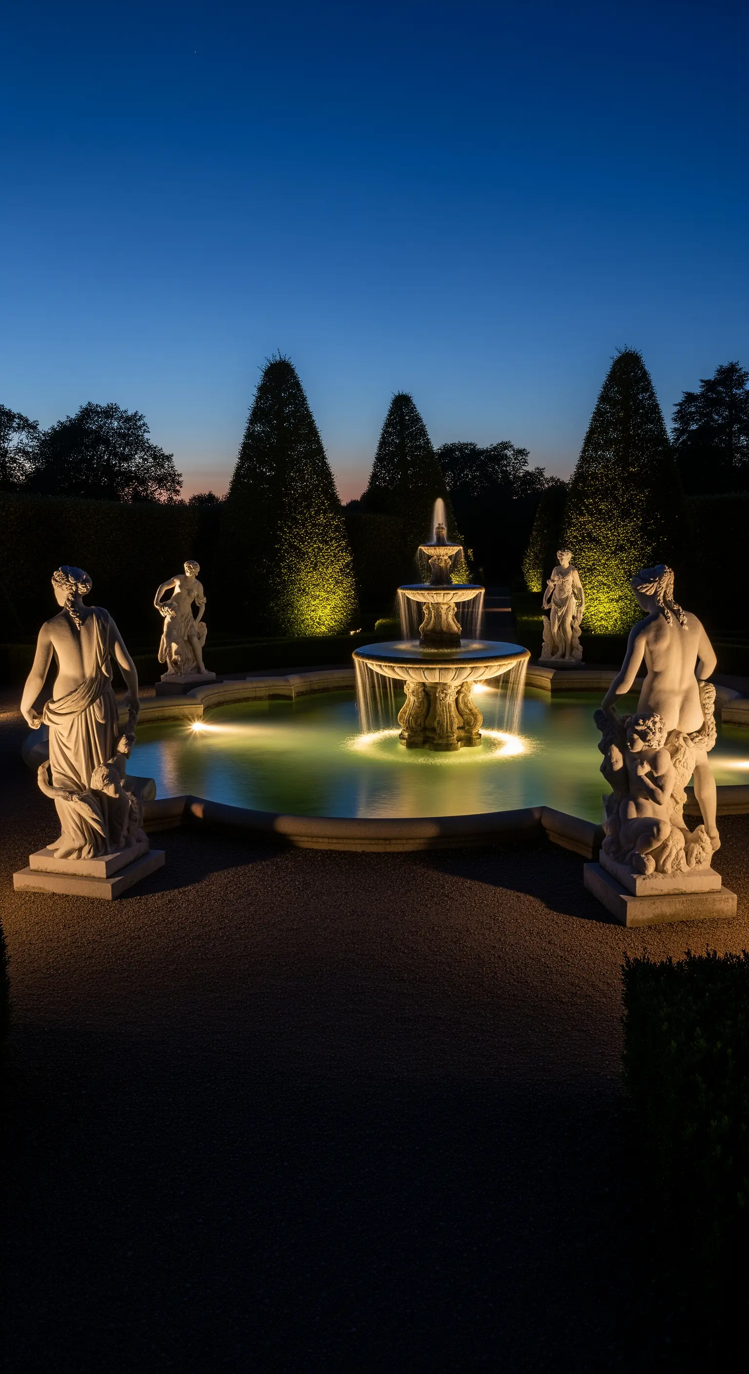 Giardino classico di notte con fontana e statue illuminate da faretti.