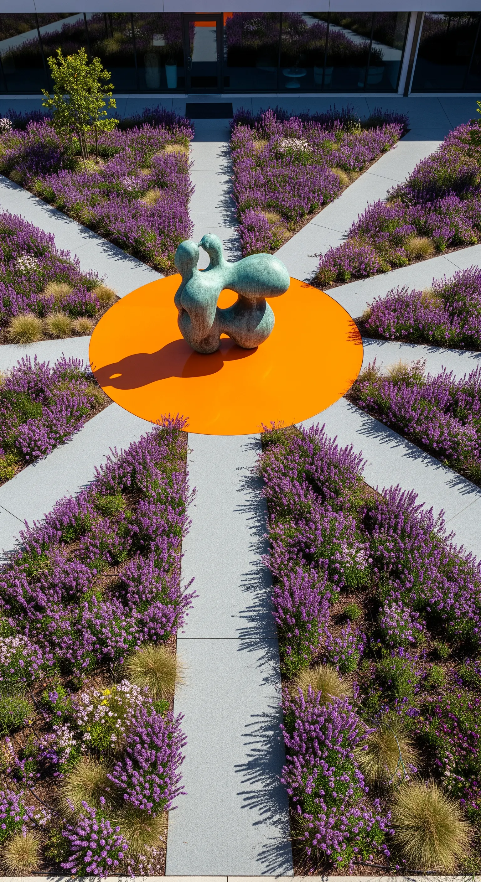 Scultura in bronzo su un cerchio arancione al centro di un giardino con sentieri e lavanda.