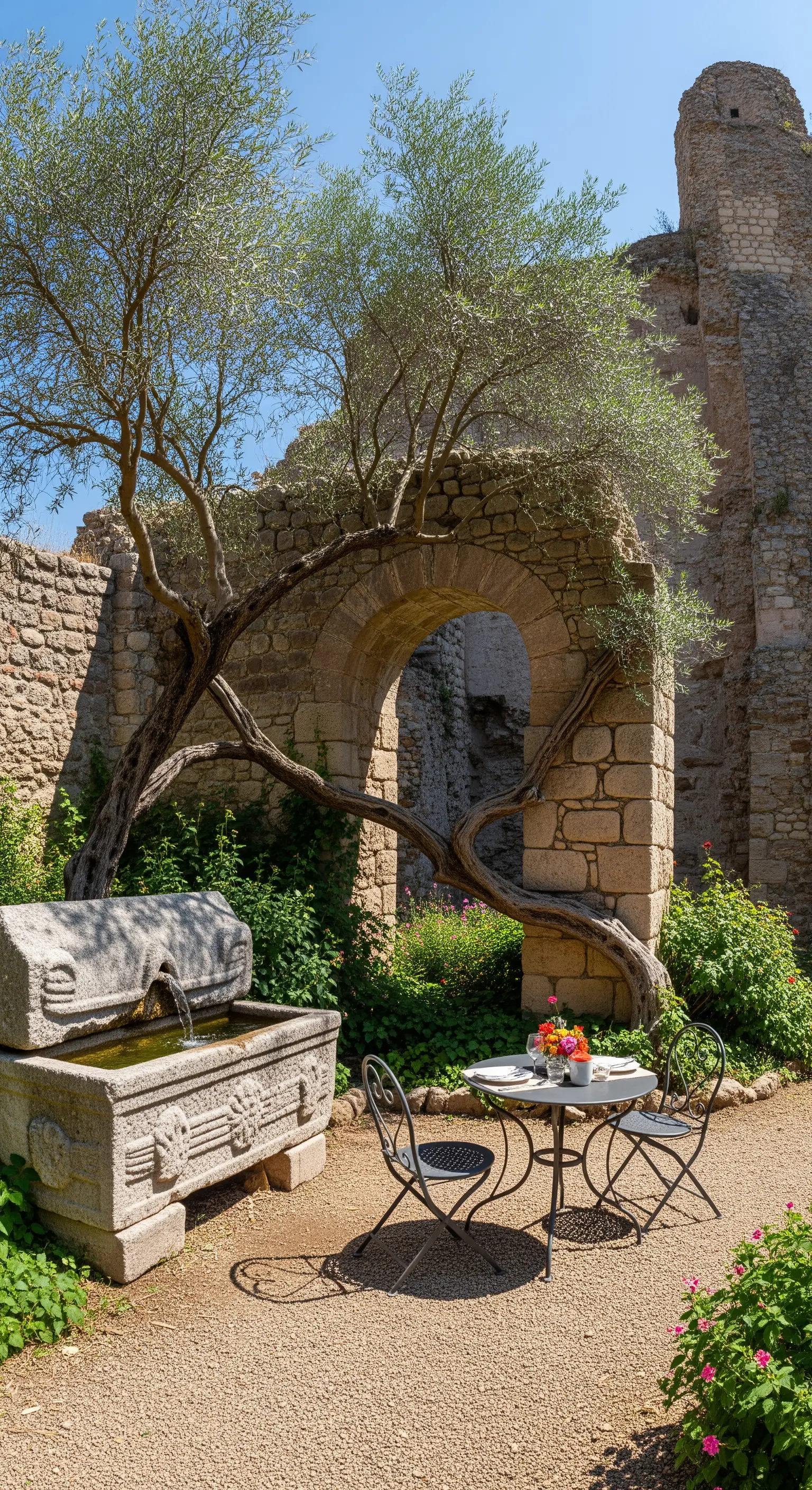 Ulivo che cresce attraverso un antico arco in pietra in un giardino tra le rovine.