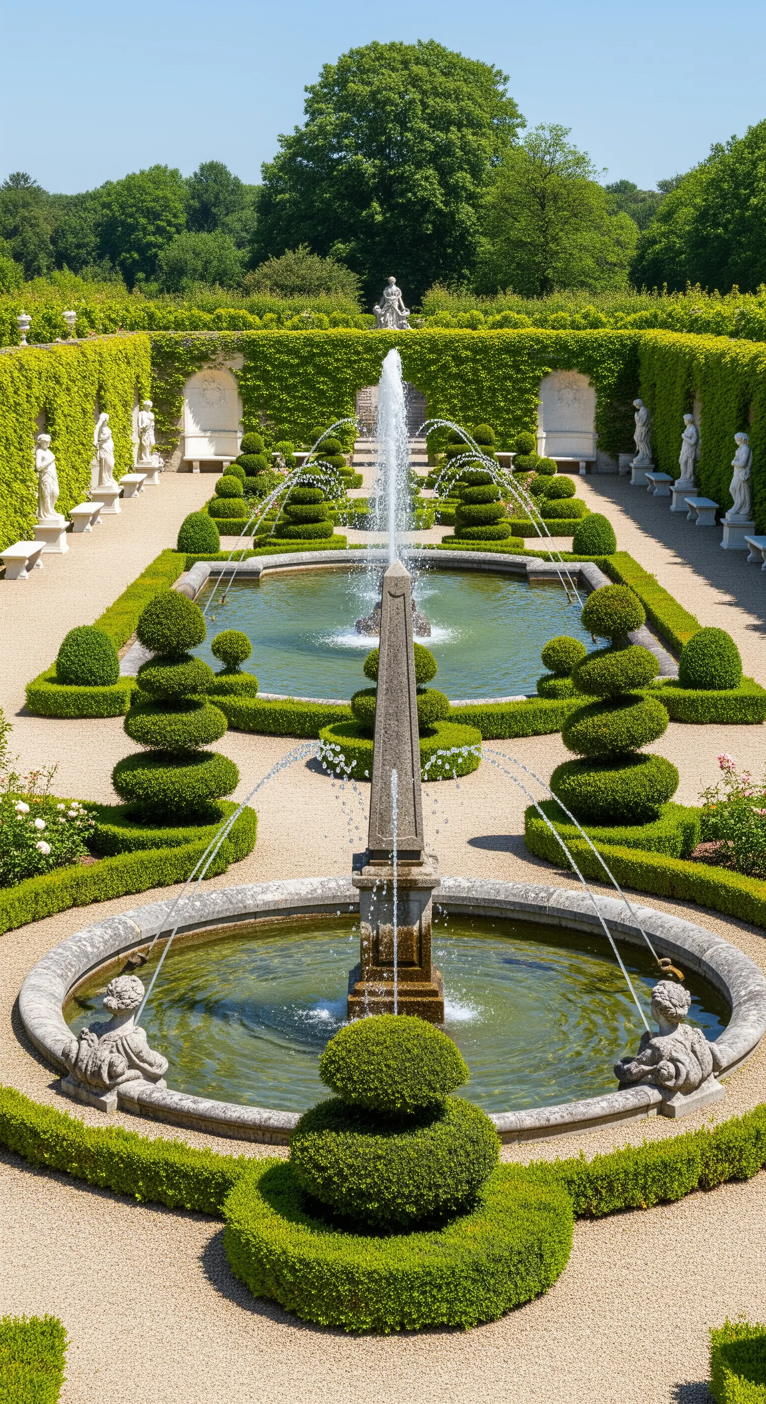 Giardino barocco con fontane a più livelli, siepi e arte topiaria a spirale.