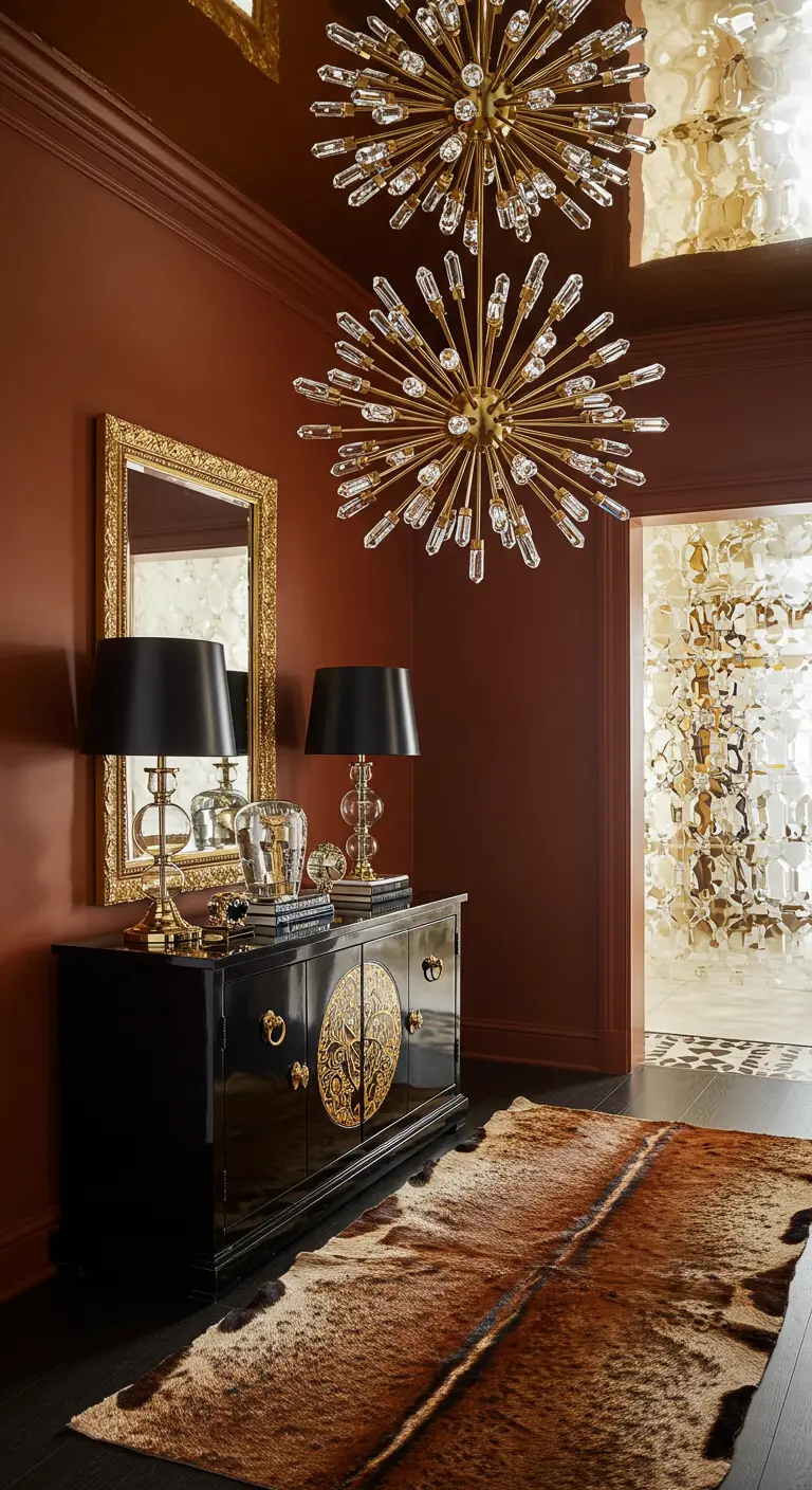 Ingresso color terracotta con credenza laccata nera e due lampadari sputnik dorati.