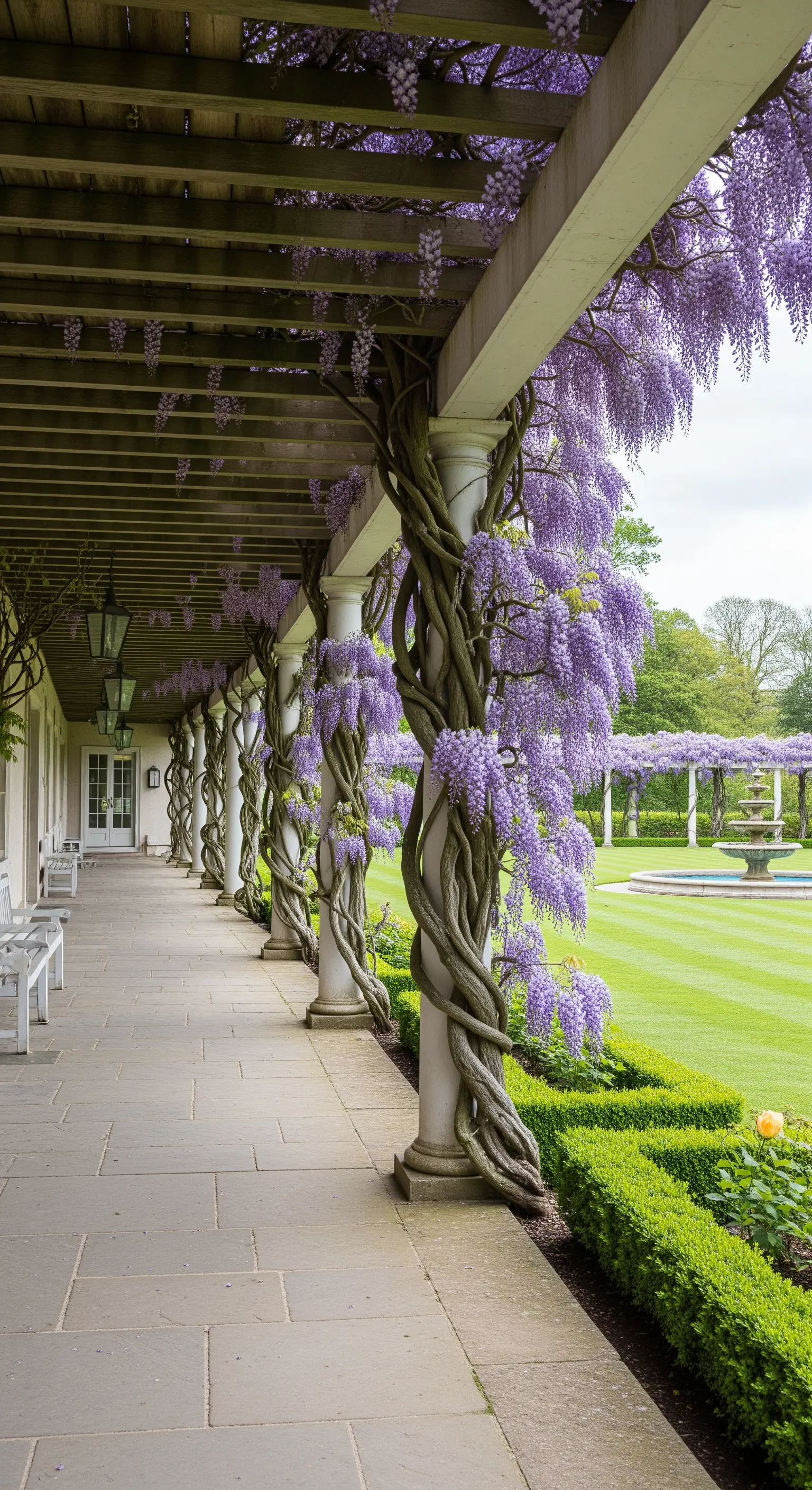 Portico con colonne avvolte da un glicine secolare in piena fioritura viola.