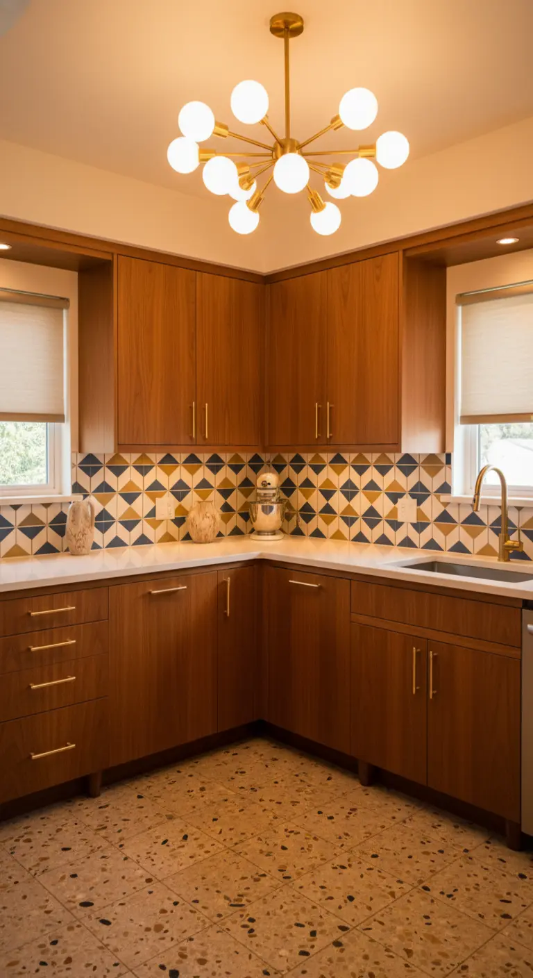 Cucina mid-century in legno con un lampadario Sputnik dorato al centro della stanza.