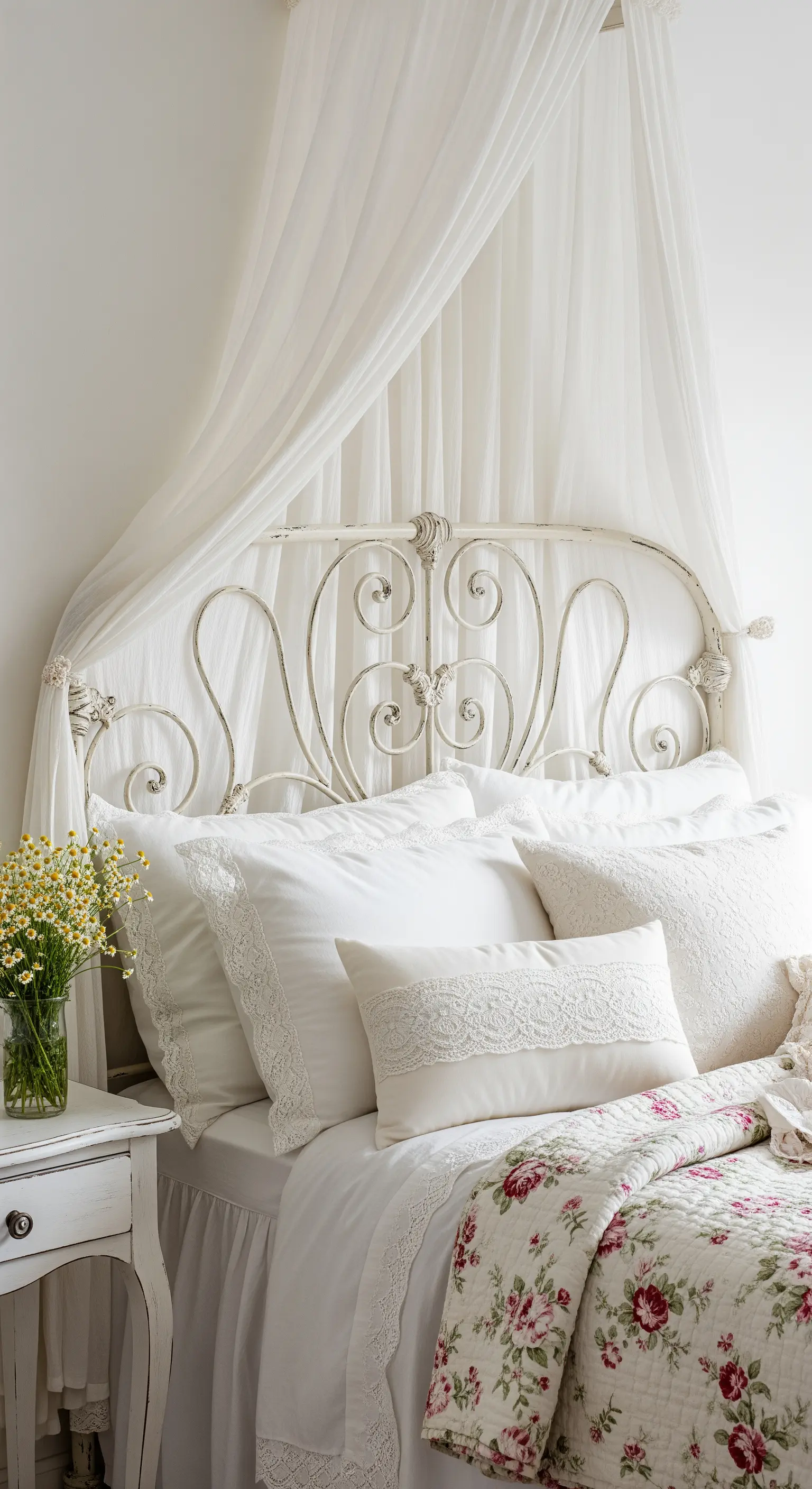 Letto in ferro battuto bianco con baldacchino in voile e biancheria con dettagli in pizzo.