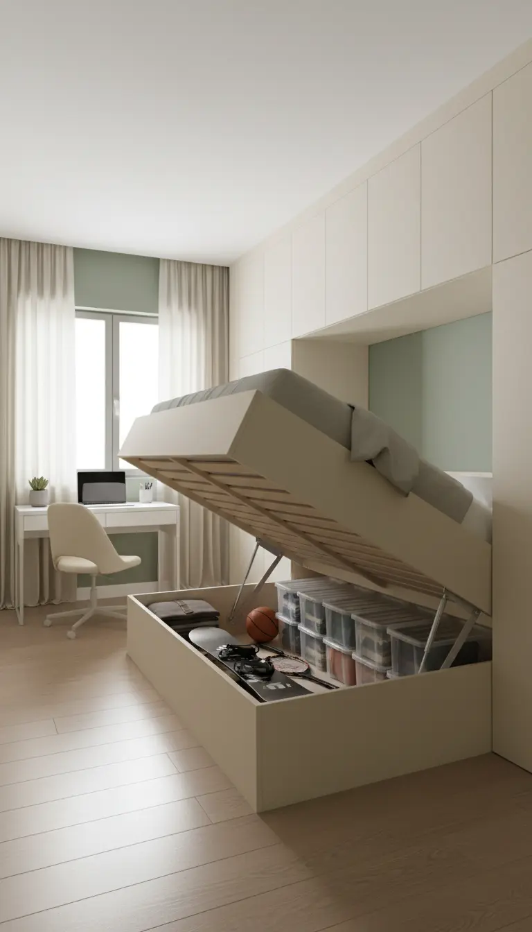 Letto con rete sollevata che rivela un ampio vano contenitore pieno di scatole e oggetti.