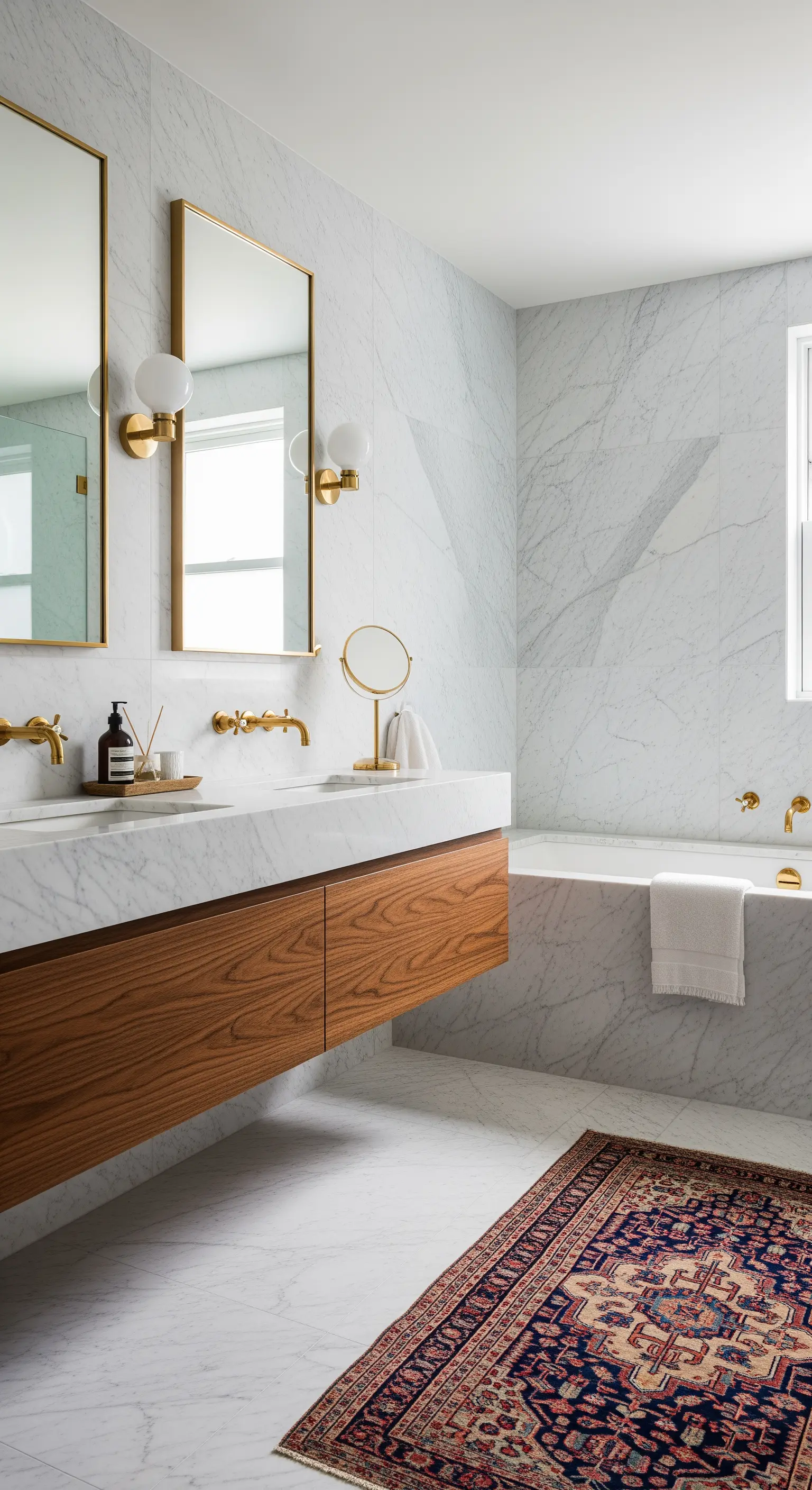 Bagno in marmo con mobile sospeso in legno, dettagli in ottone e un tappeto persiano.