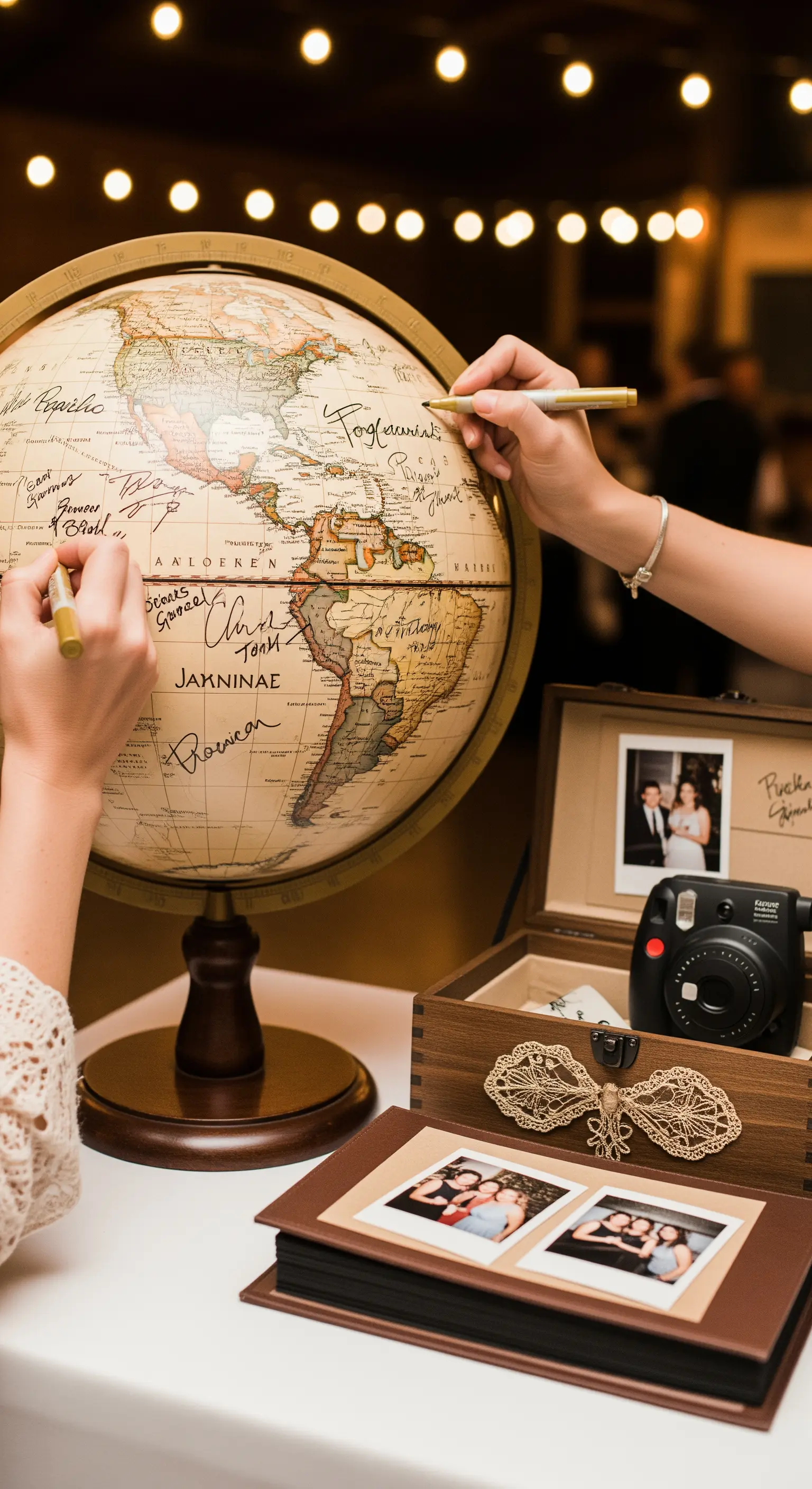 Mappamondo vintage su cui gli ospiti firmano, con accanto una polaroid e un album fotografico.