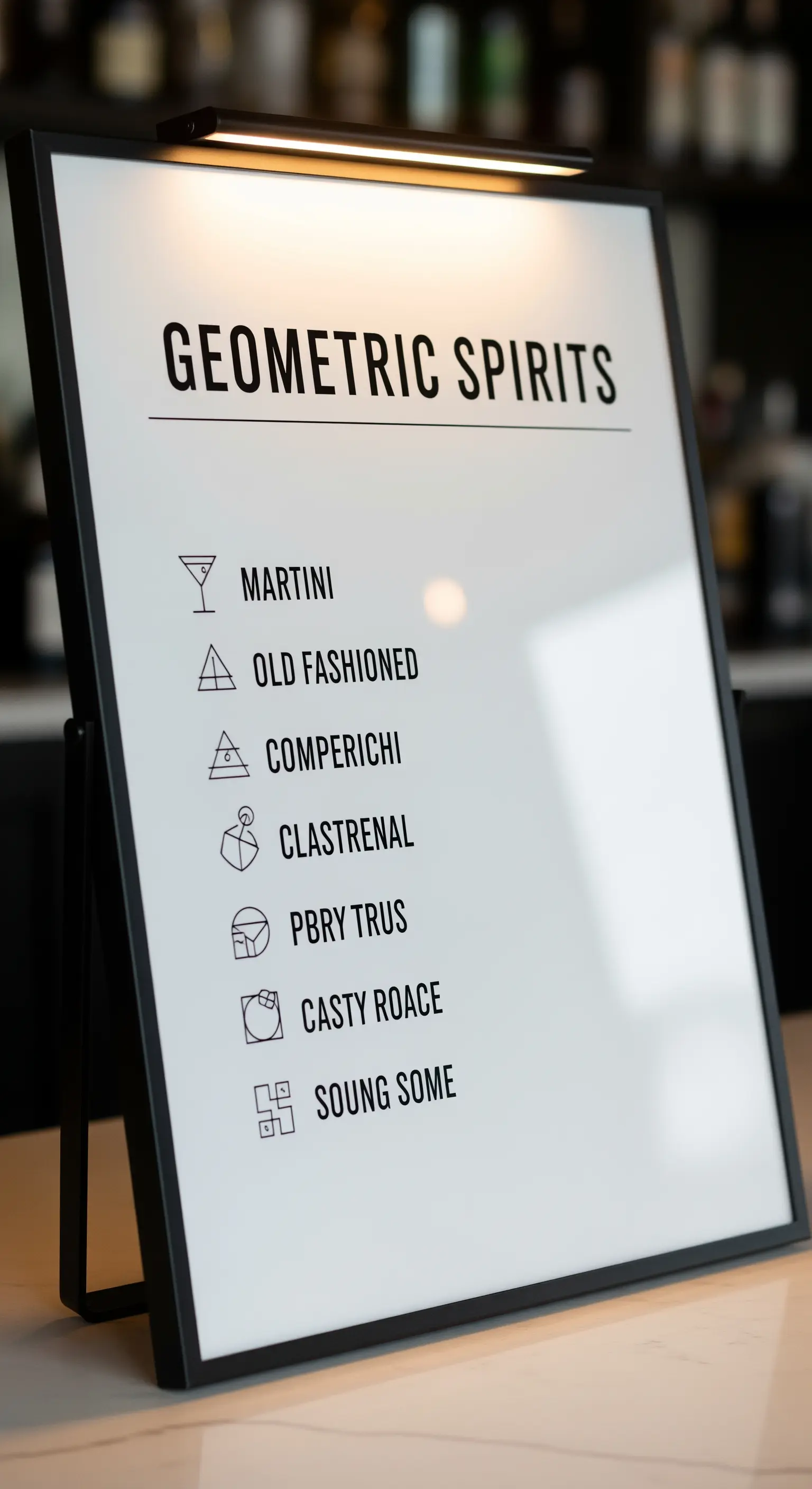 Menu dei drink in bianco e nero con icone geometriche per ogni cocktail.