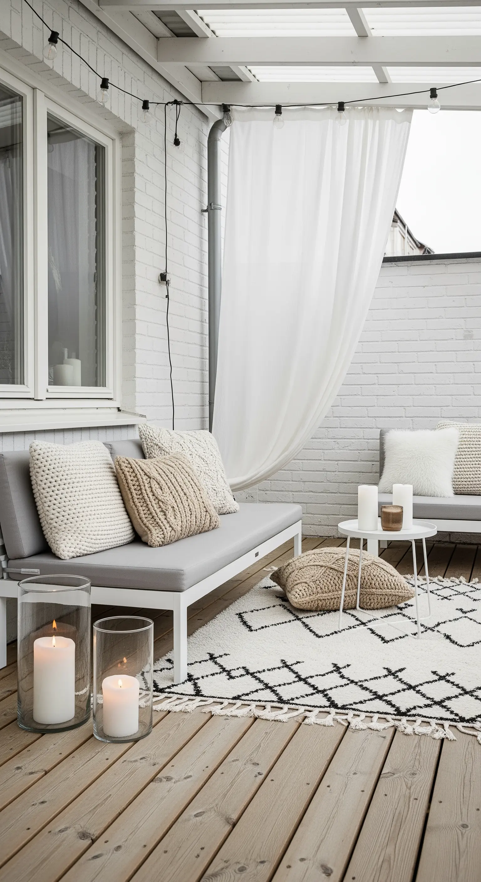 Patio in stile scandinavo-bohémien con divani grigi, cuscini in maglia e tappeto berbero