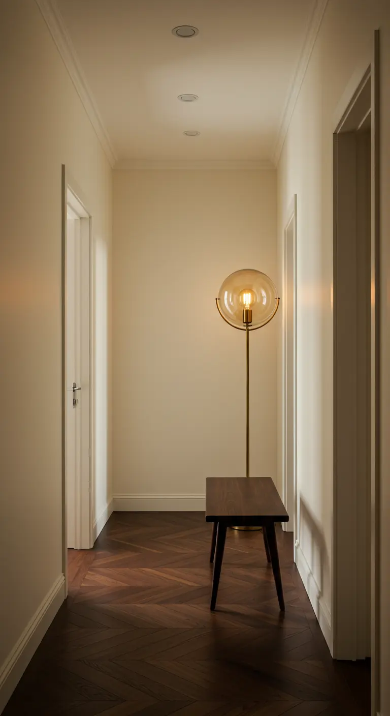 Corridoio minimalista con panca in legno scuro e lampada da terra con globo in vetro ambrato.