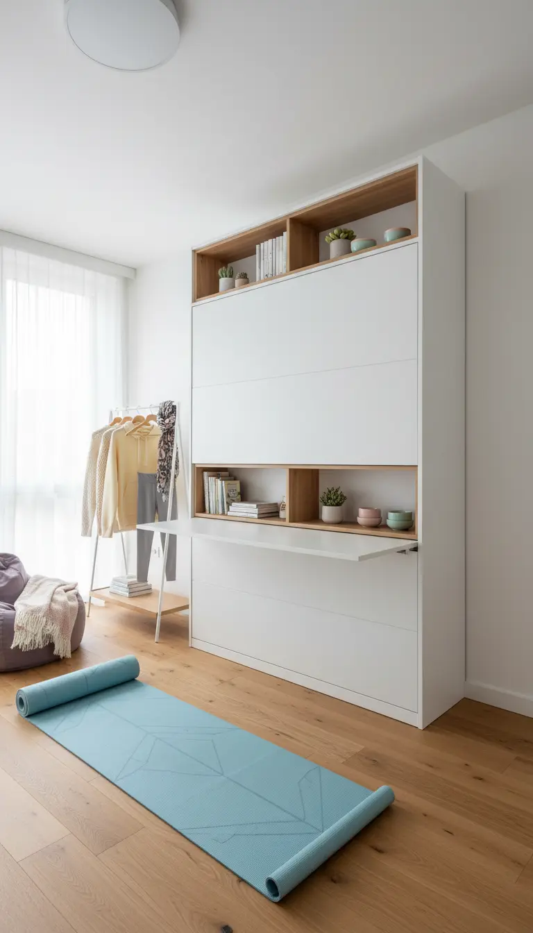 Mobile a parete bianco e legno con letto a scomparsa chiuso e scrivania a ribalta aperta.