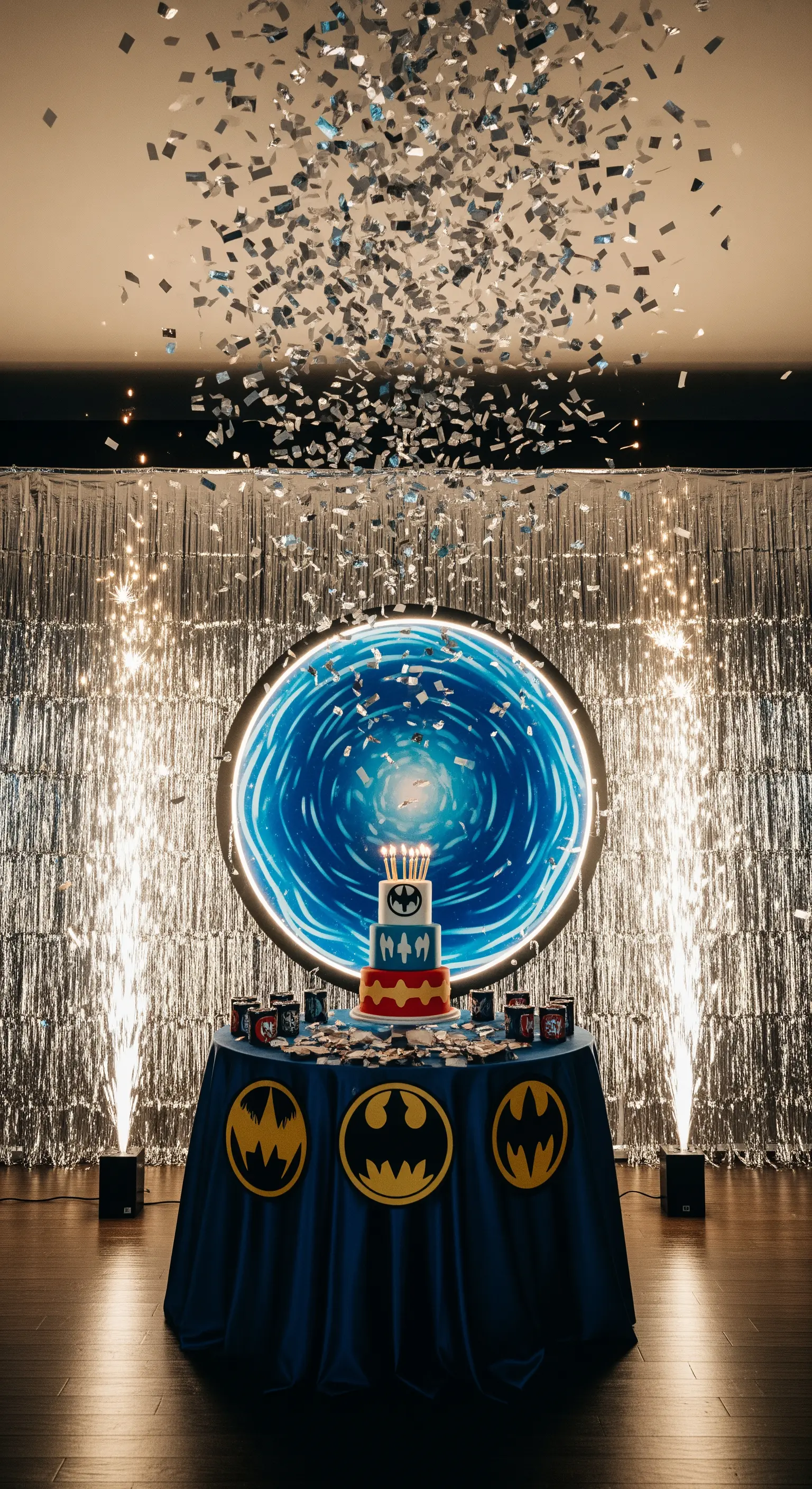 Tavolo della torta a tema Batman con sfondo a portale luminoso e coriandoli.