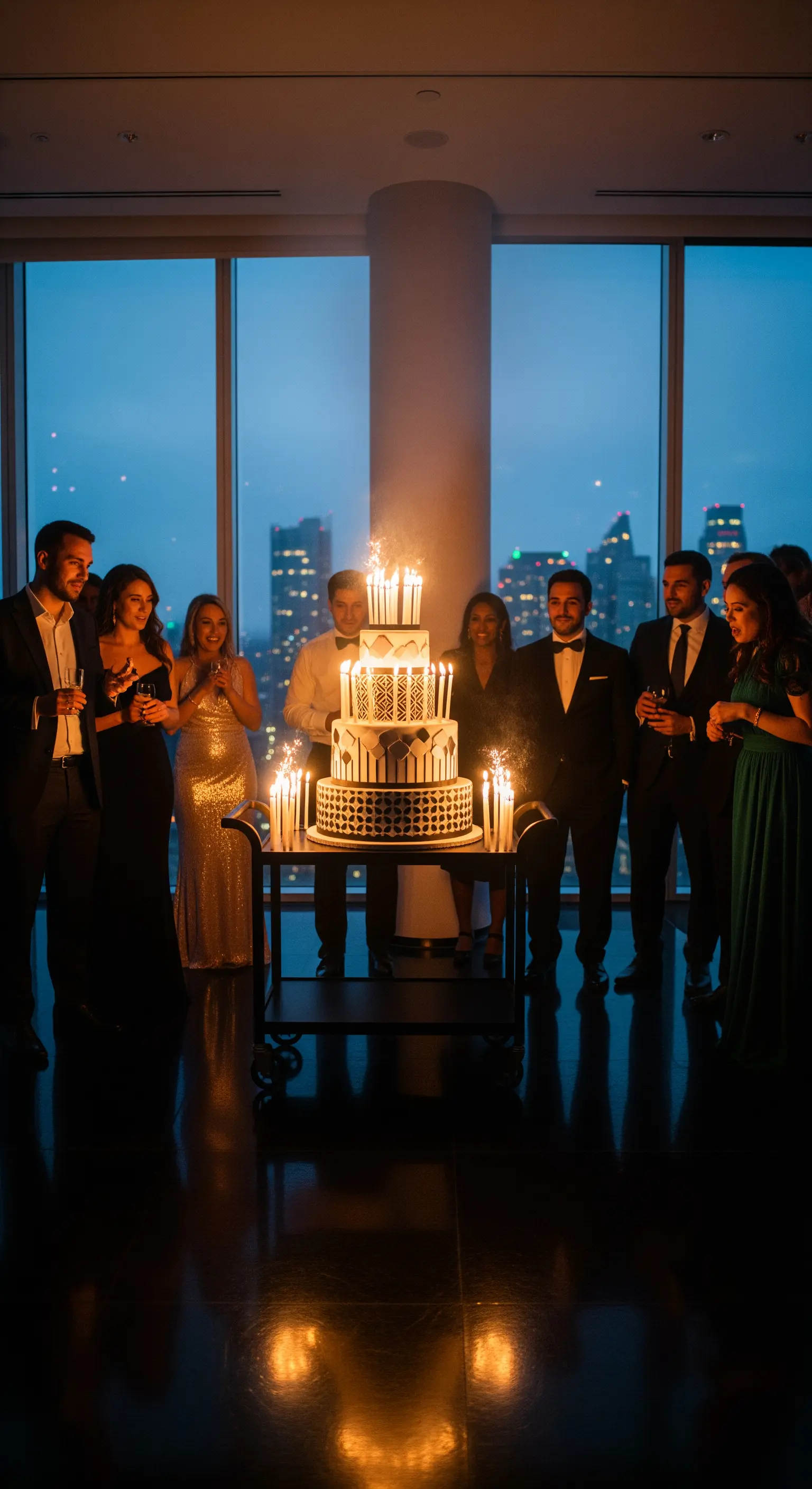 Gruppo di persone attorno a una torta di compleanno illuminata da candele.
