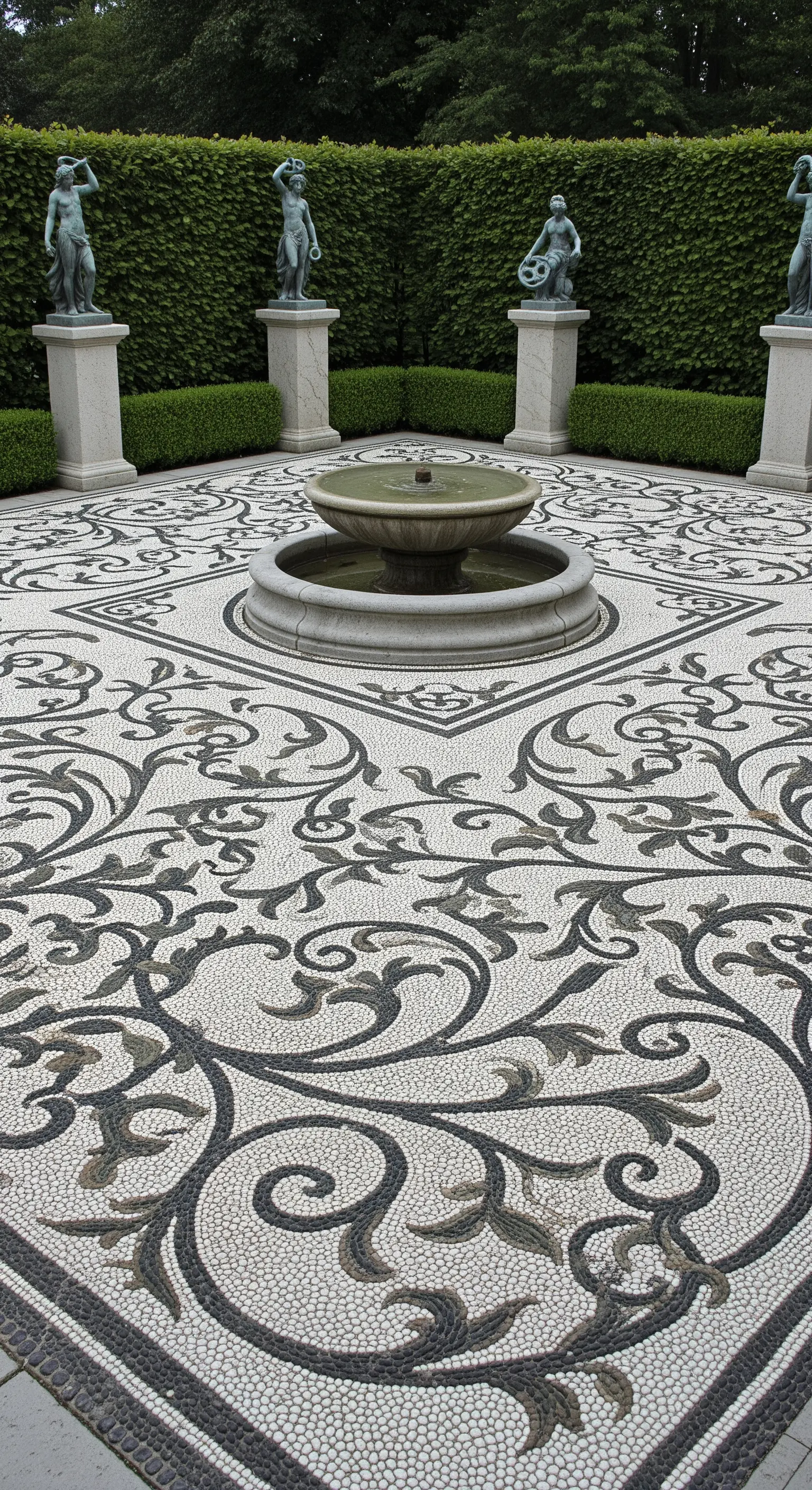 Patio con elaborato mosaico in ciottoli bianchi, grigi e neri, circondato da statue.