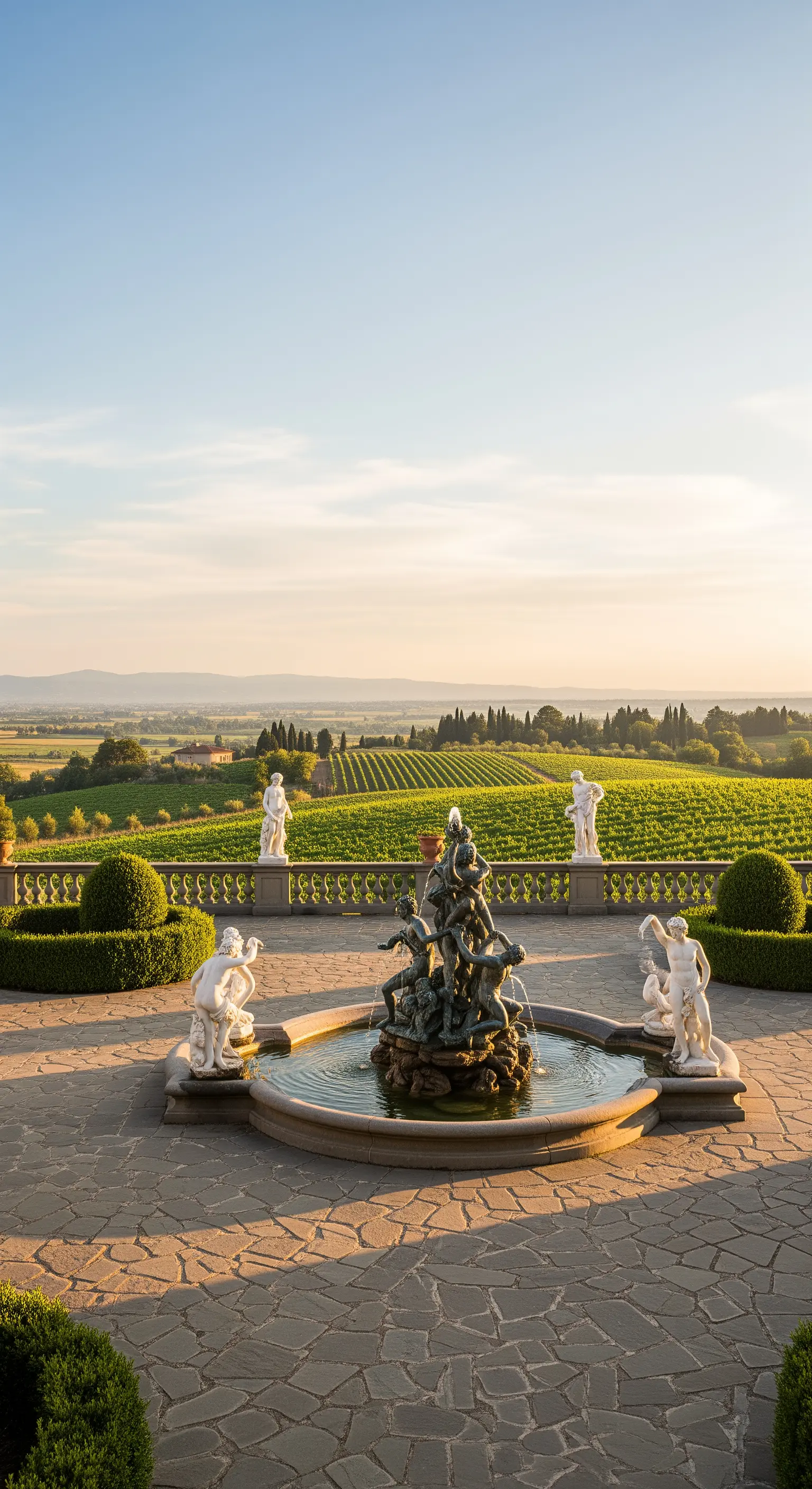 Fontana con gruppo scultoreo di putti su un patio in pietra con vista su vigneti.