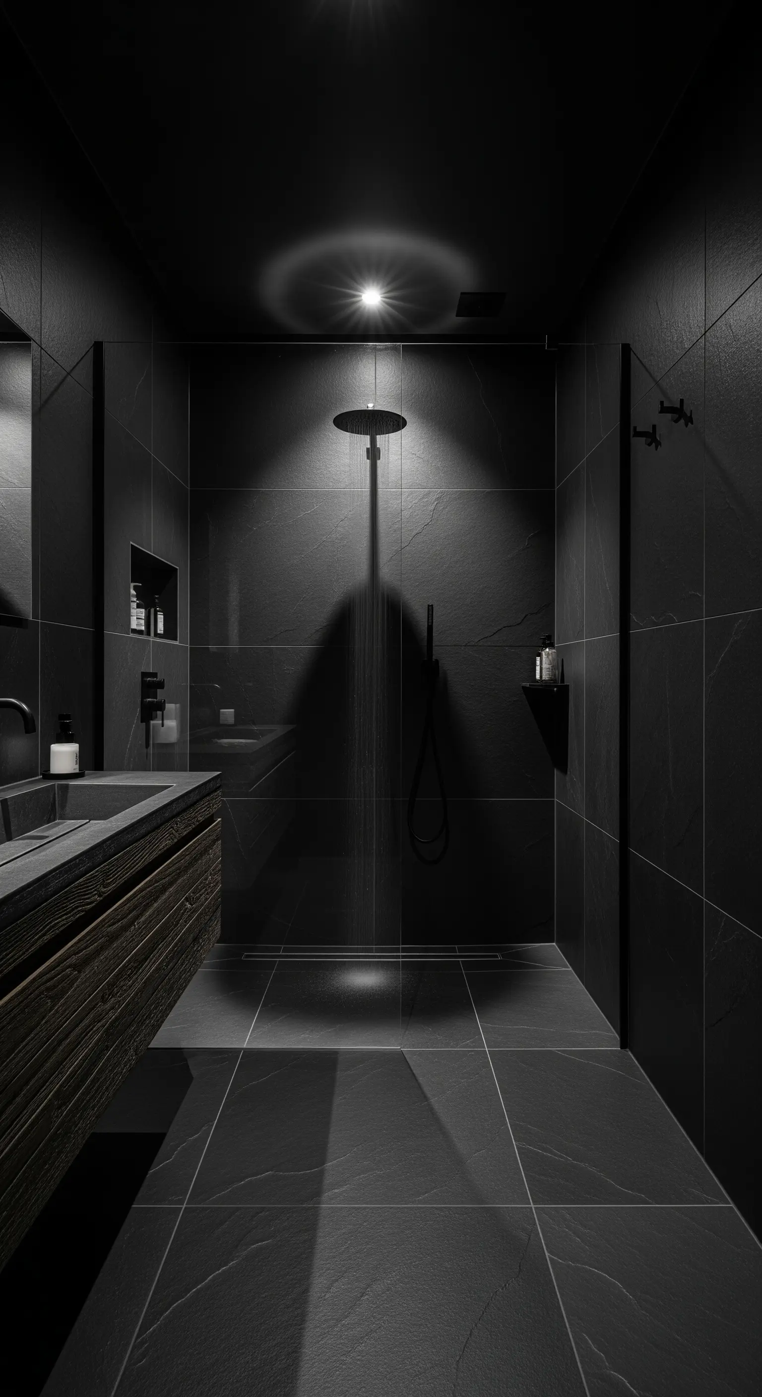 Bagno total black con piastrelle scure e doccia illuminata da un faretto.