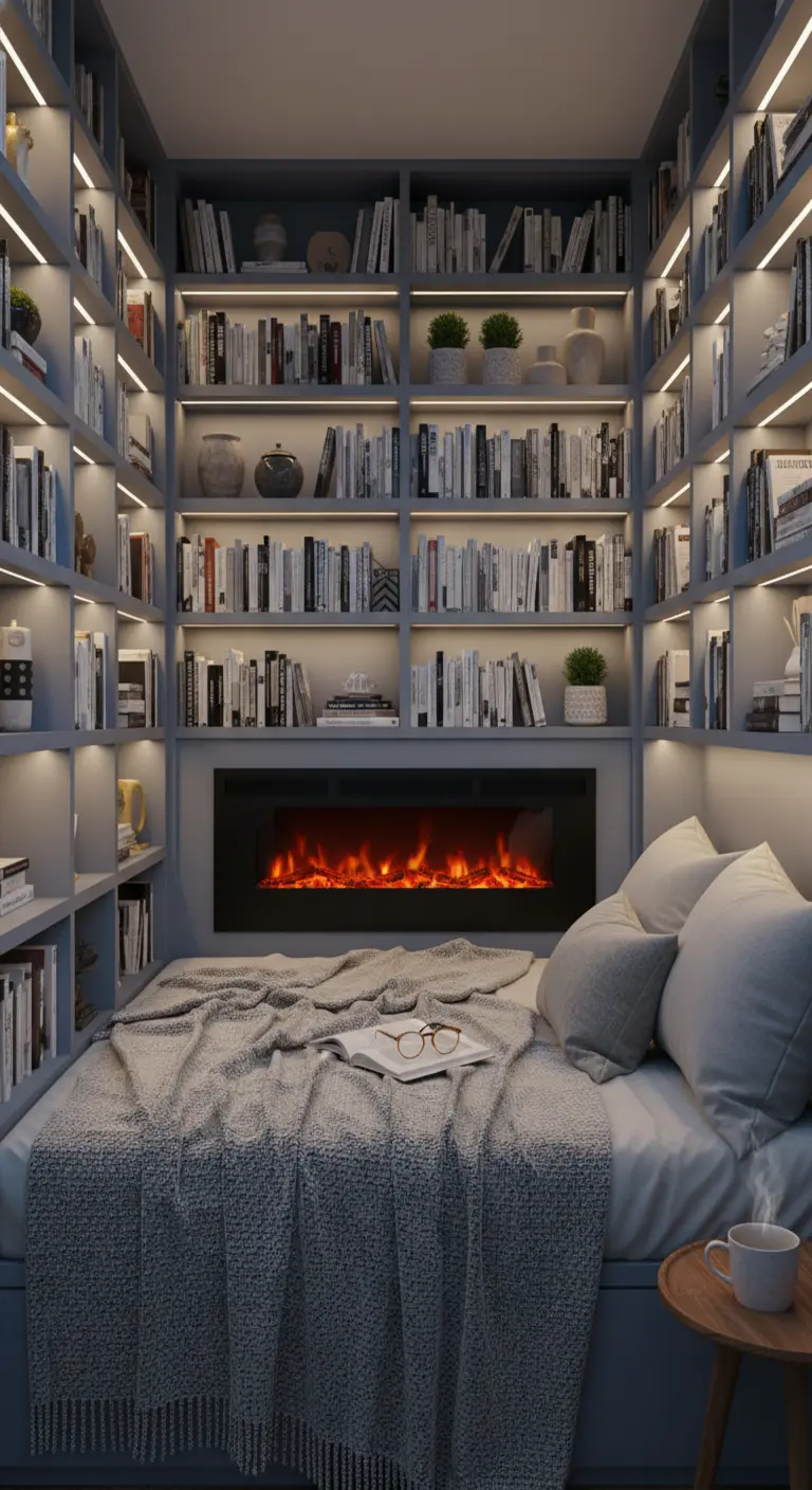 Letto incassato in una libreria a tutta parete con un camino elettrico integrato.