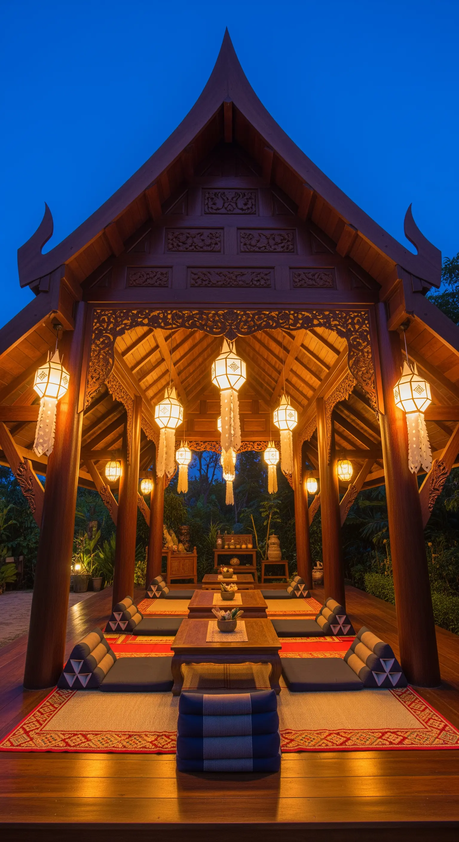 Padiglione thailandese in legno illuminato di notte da lanterne di carta appese.