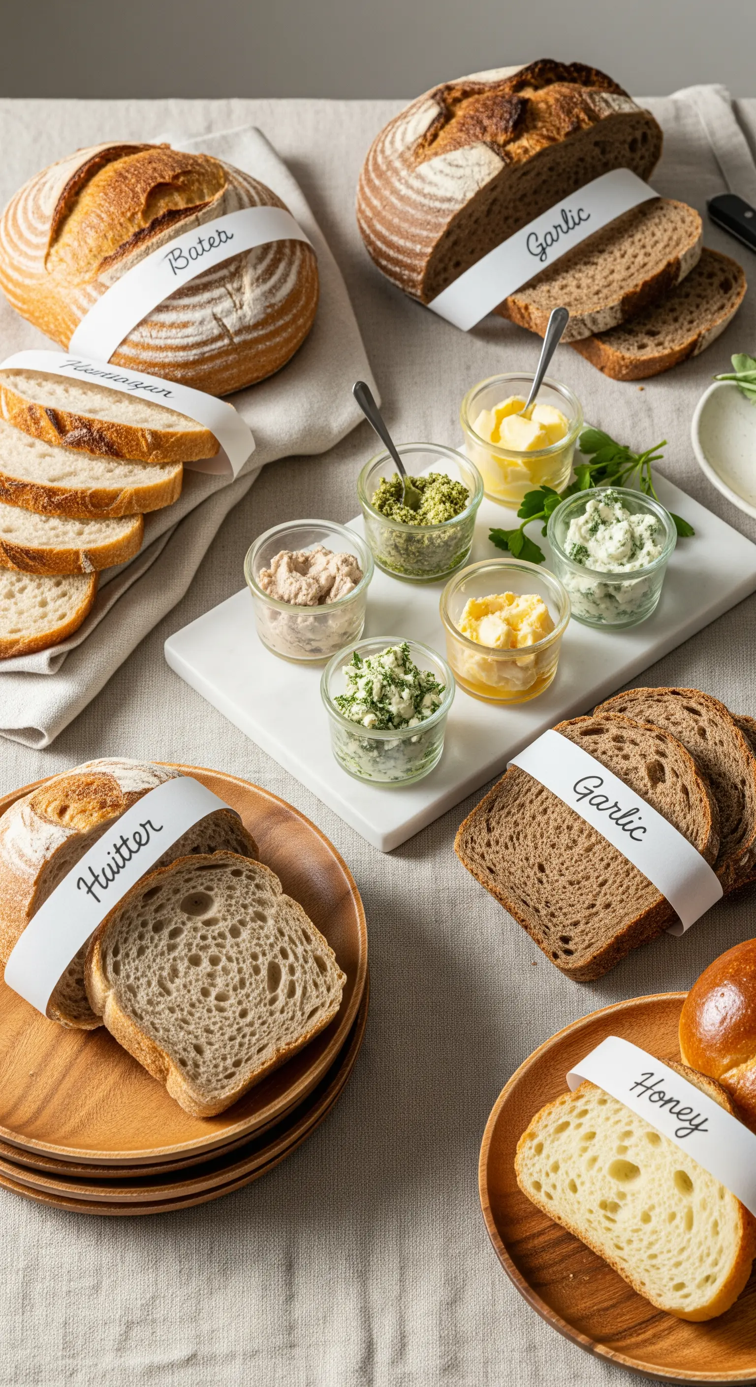 Buffet di pane con diverse pagnotte, burri aromatizzati e fascette di carta come etichette.