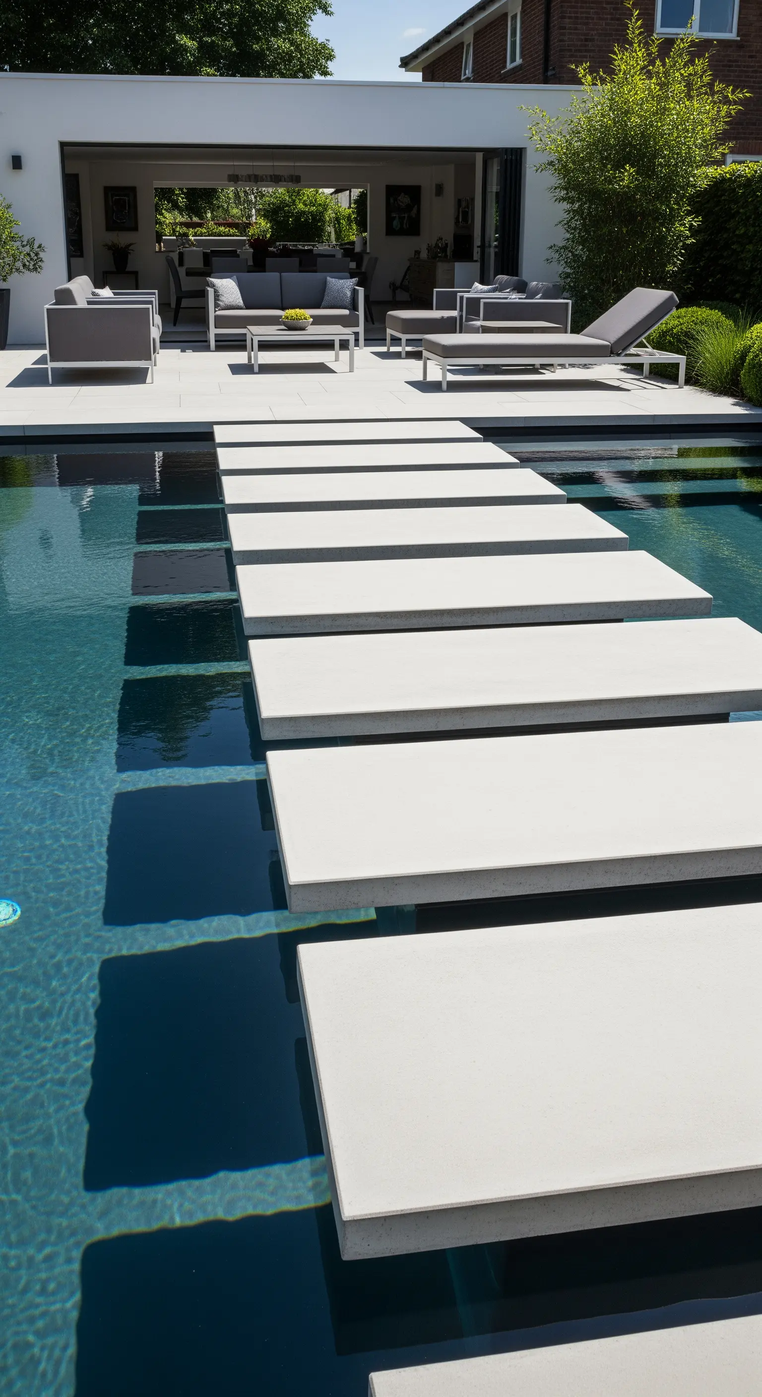 Passerella di lastre di cemento rettangolari che attraversa una piscina