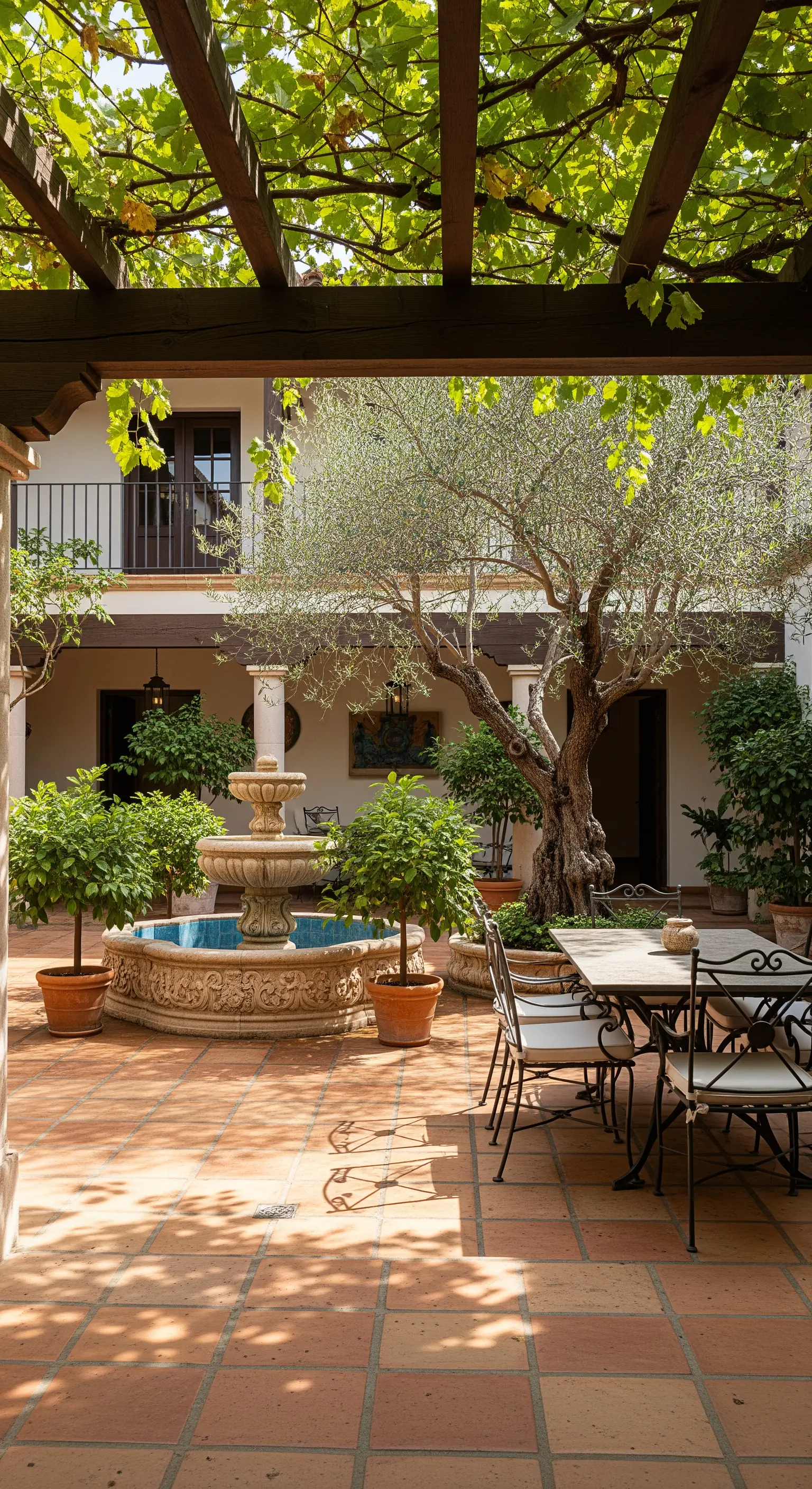 Cortile in stile spagnolo con pavimento in cotto, fontana centrale e pergola ricoperta di vite.