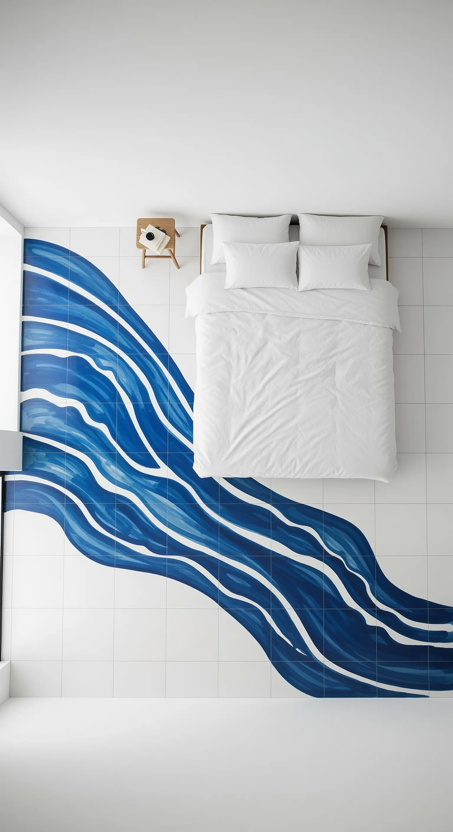 Pavimento di una camera da letto con un grande motivo a onda realizzato con piastrelle blu.