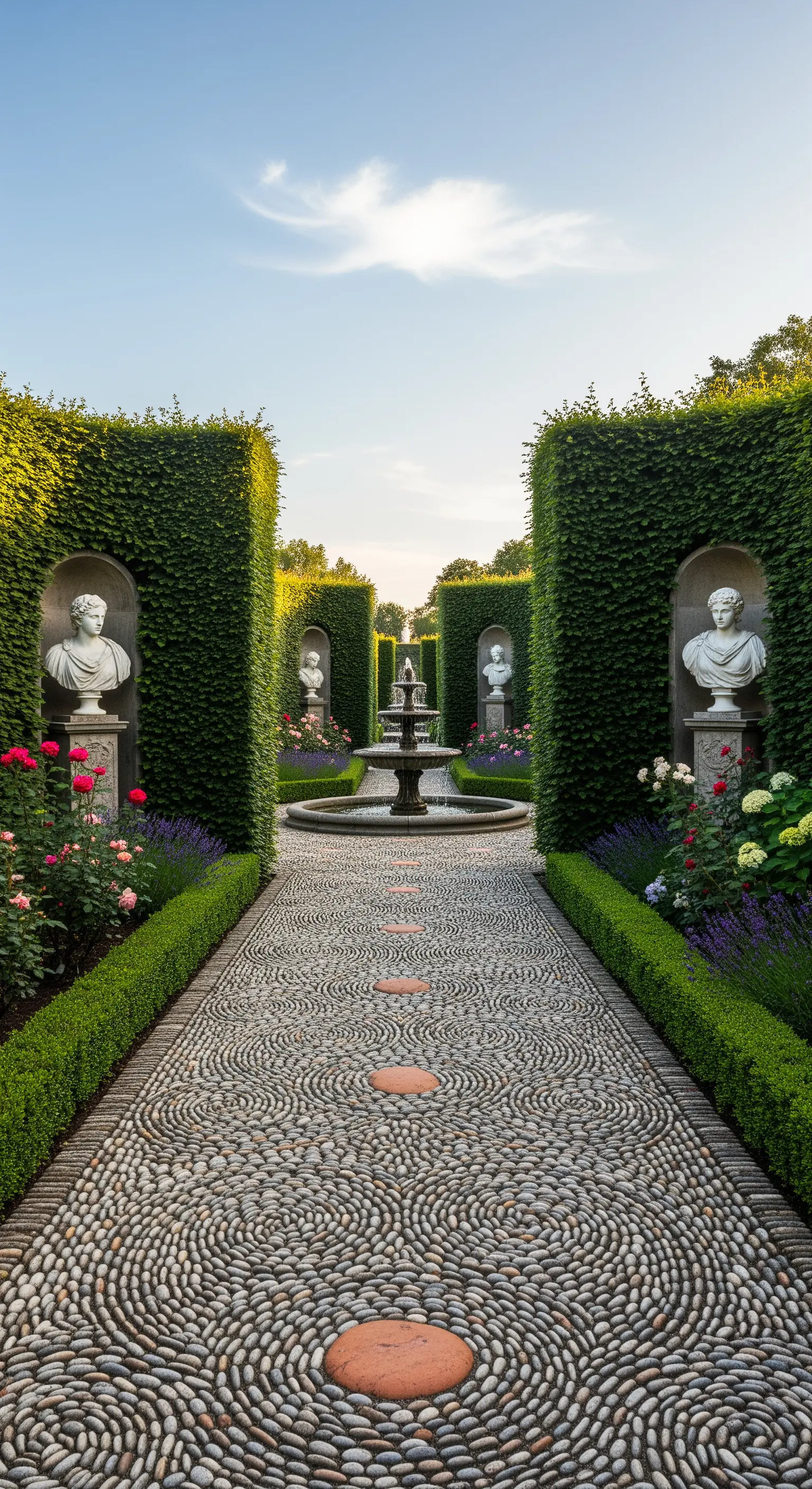 Sentiero in mosaico di ciottoli che conduce a una fontana in un giardino classico.