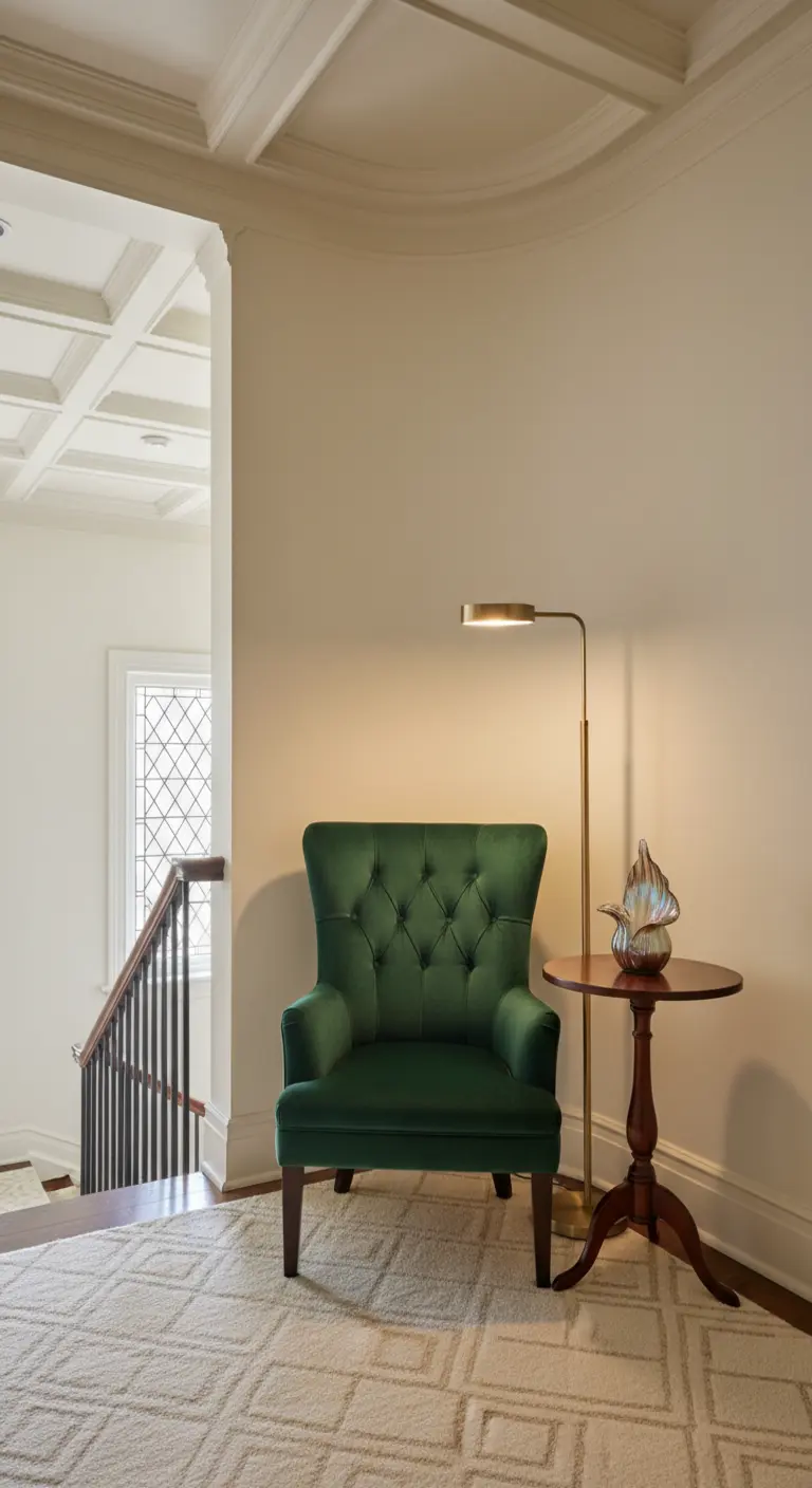 Poltrona capitonné in velluto verde su un pianerottolo, con lampada in ottone e tavolino.