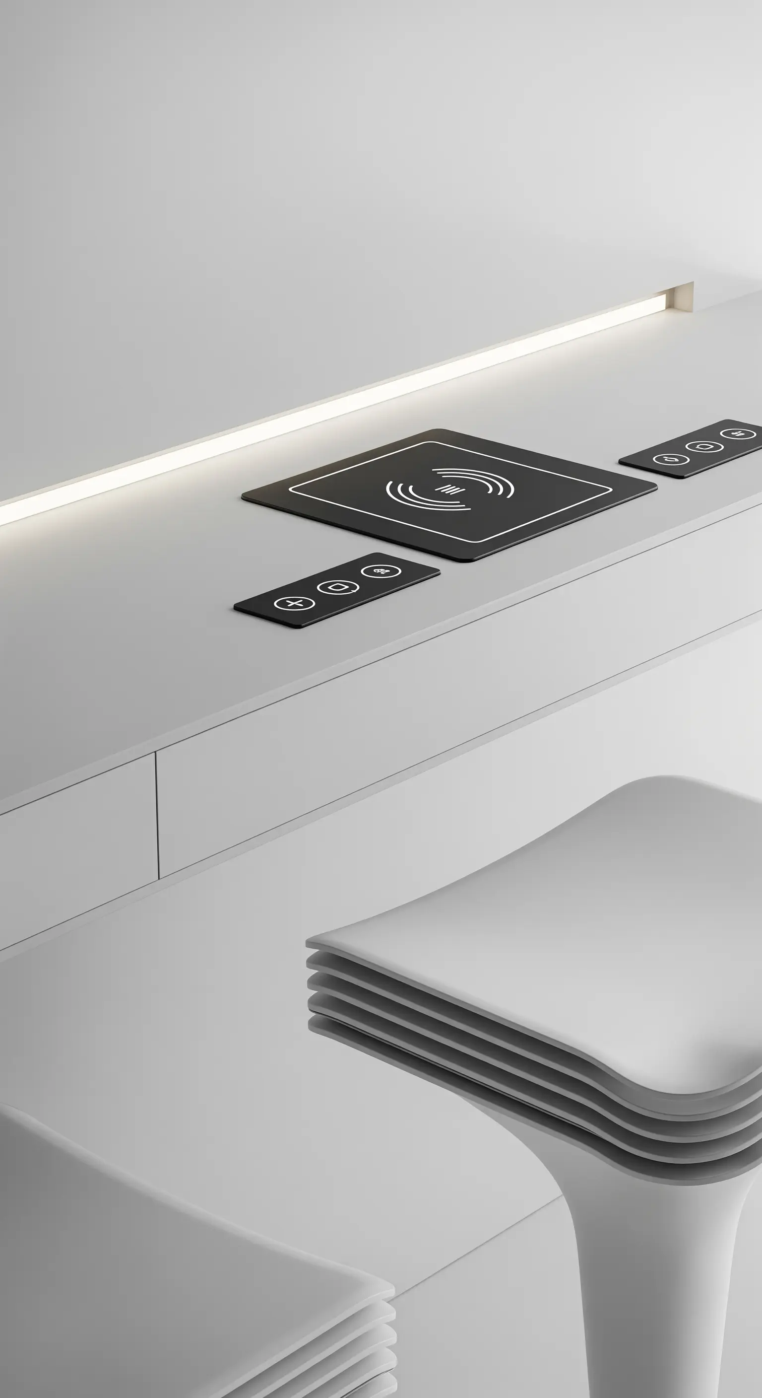 Piano di lavoro bianco minimalista con caricatore wireless e comandi touch integrati.