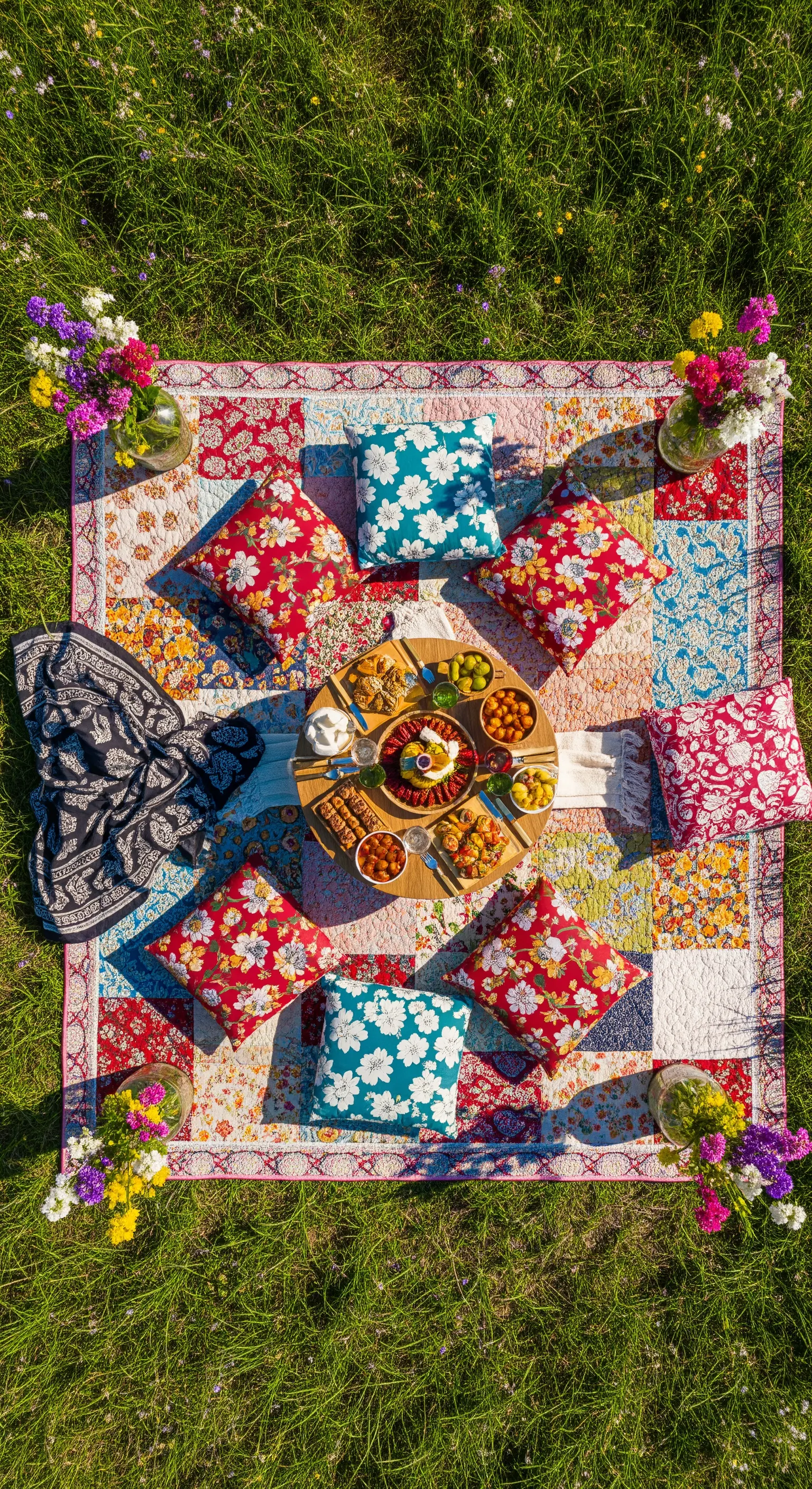 Vista dall'alto di un picnic su una coperta patchwork, con cuscini colorati e un vassoio di cibo.