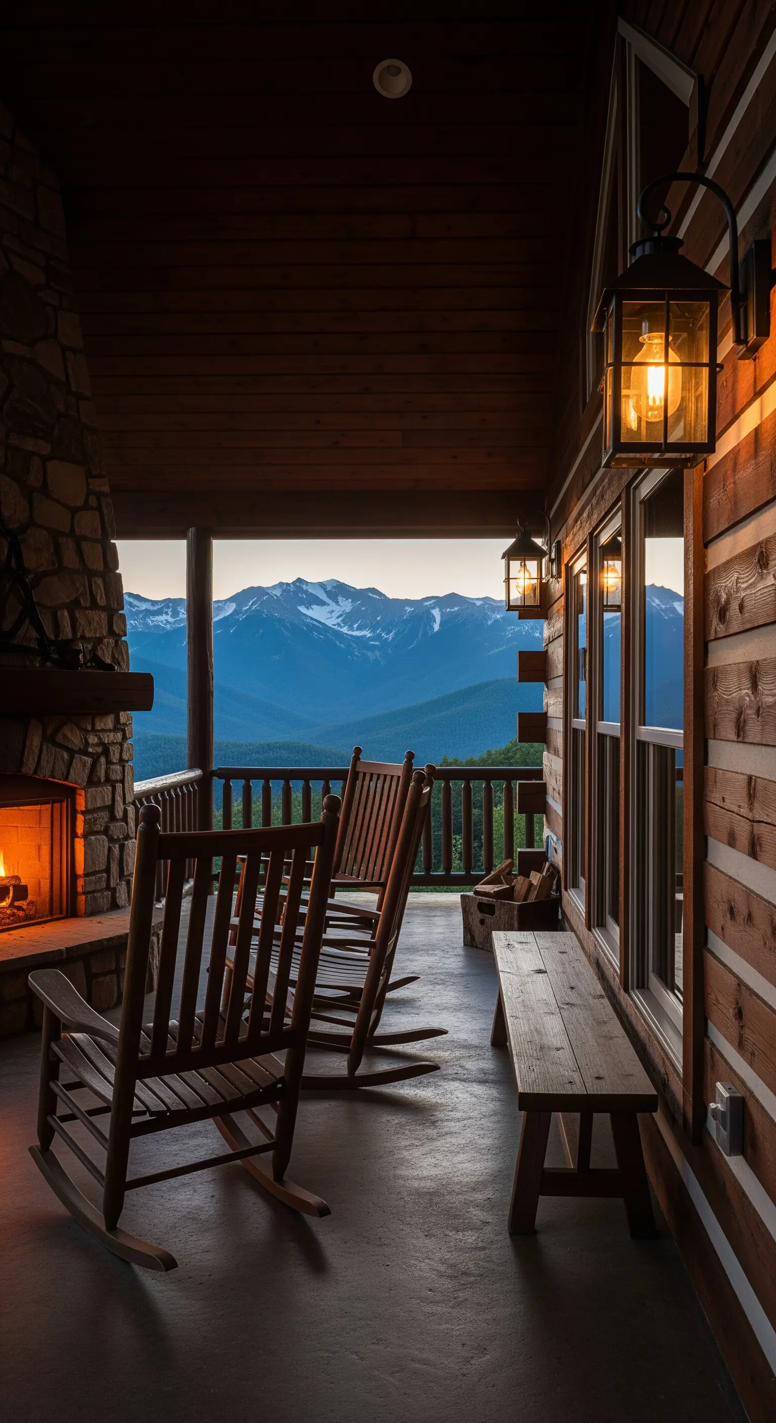 Portico di una baita con sedie a dondolo, camino in pietra e vista sulle montagne.