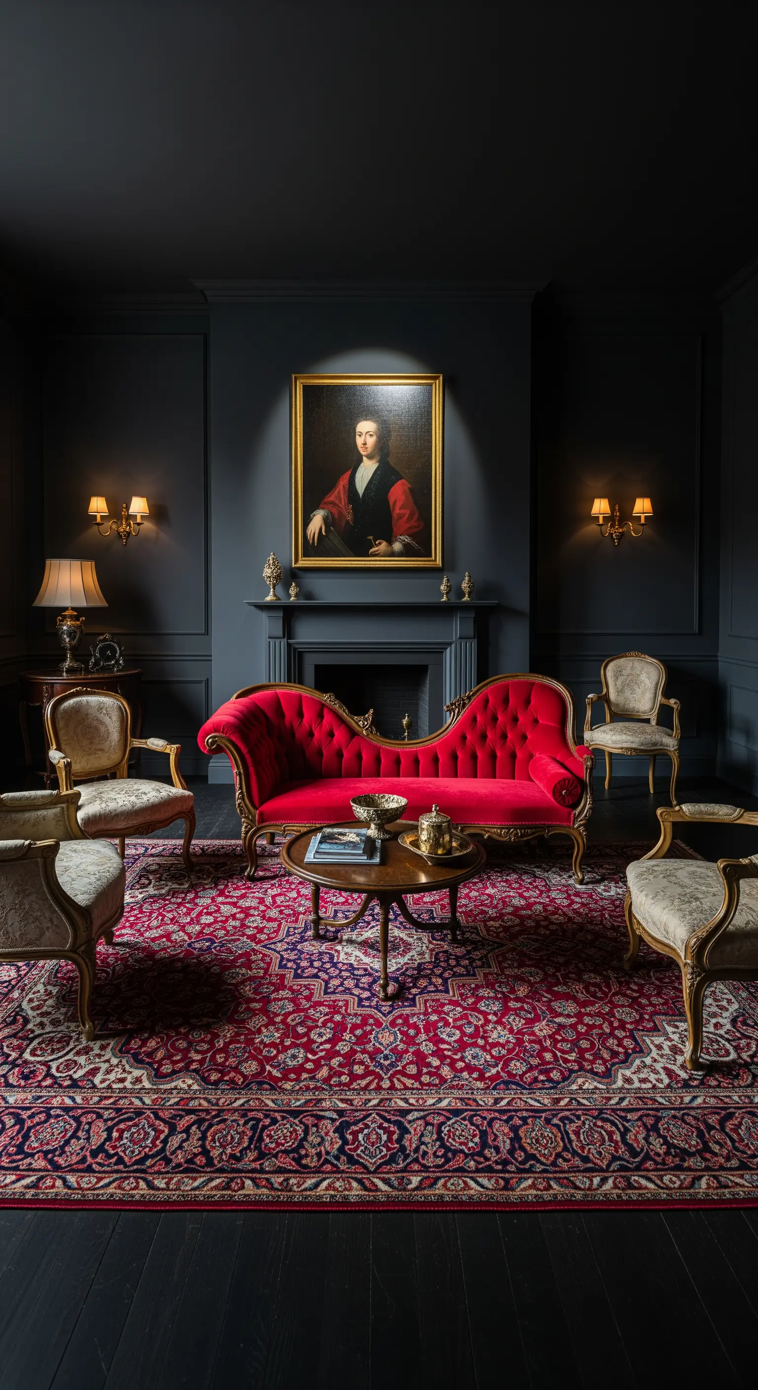 Salotto con pareti scure, chaise longue in velluto rosso e tappeto persiano.